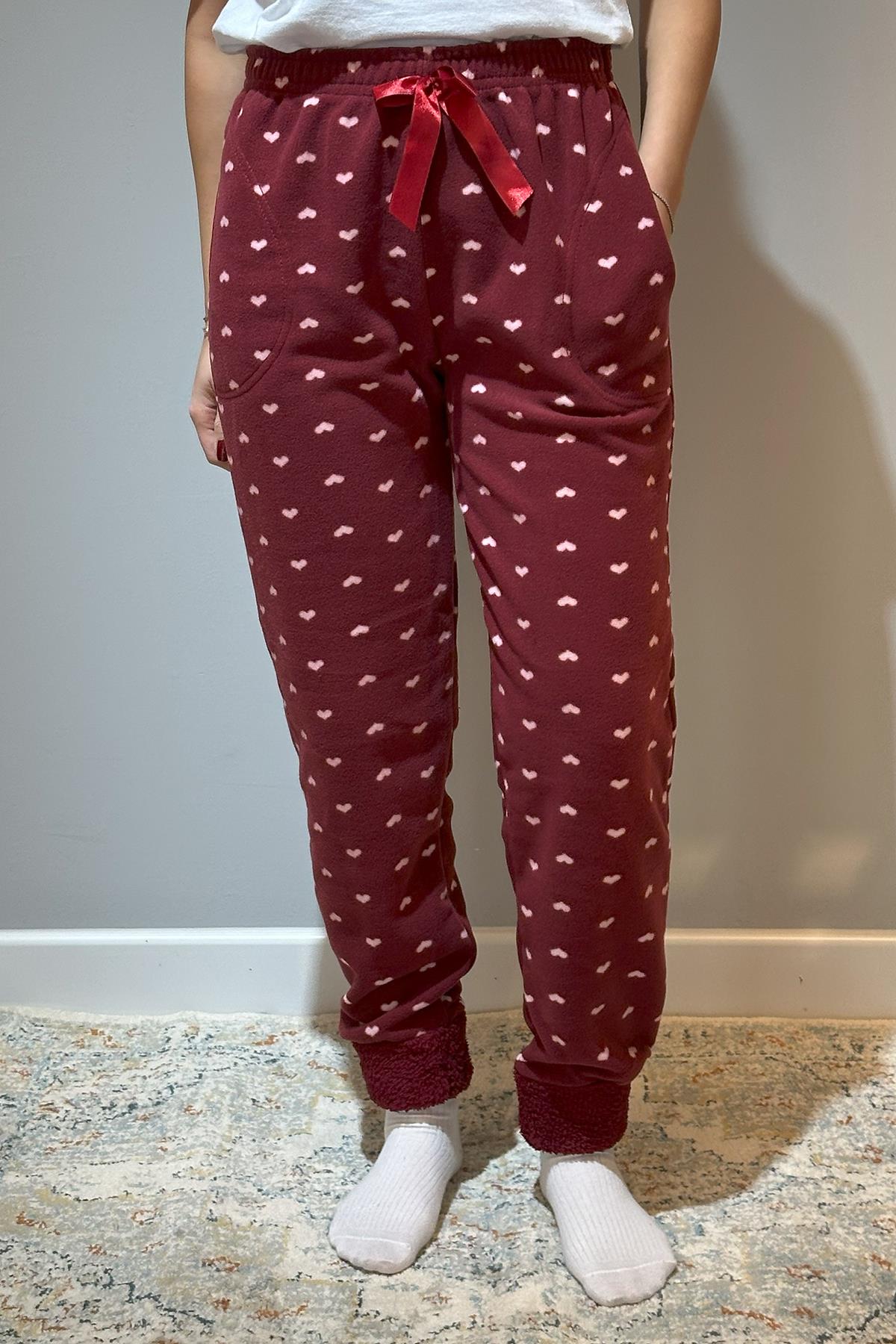 Kadın Polar Manşetli Pijama Tek Alt Kalp 130 Bordo