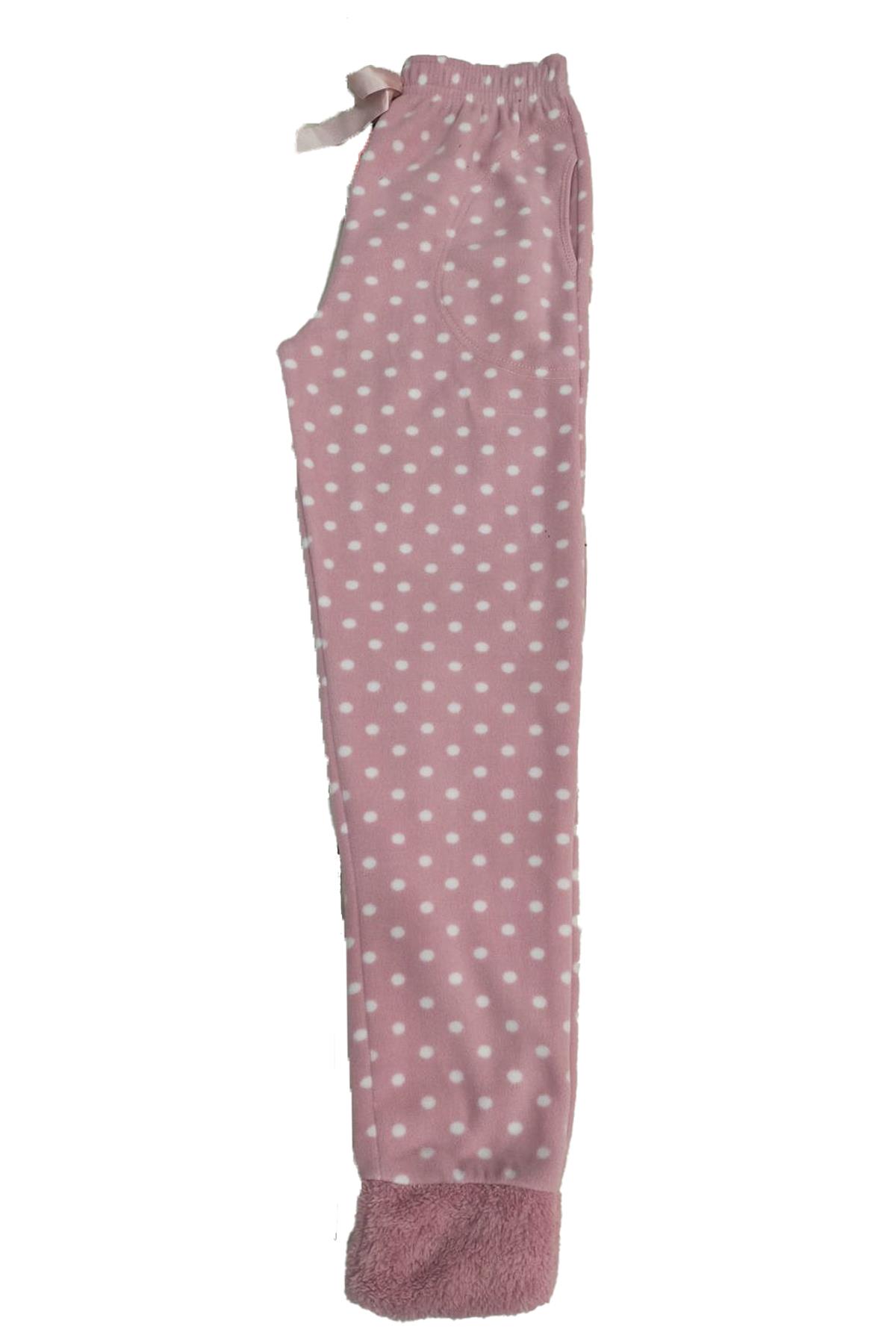 Kadın Polar Manşetli Pijama Tek Alt Puantiye 130 Pudra