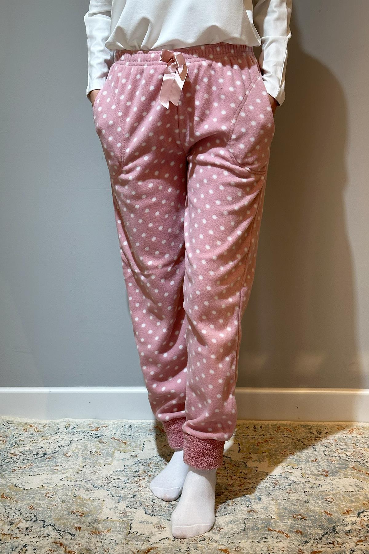 Kadın Polar Manşetli Pijama Tek Alt Puantiye 130 Pudra