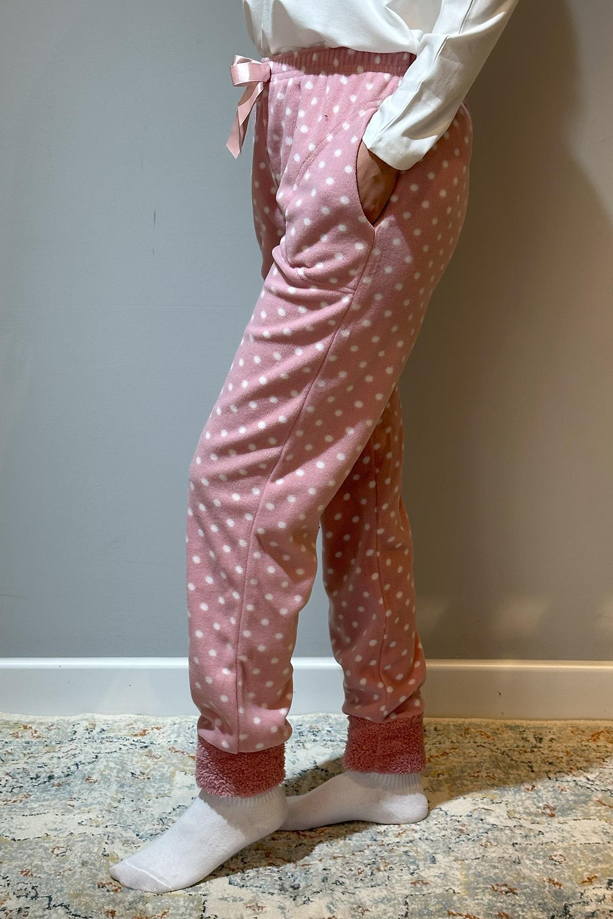 Kadın Polar Manşetli Pijama Tek Alt Puantiye 130 Pudra
