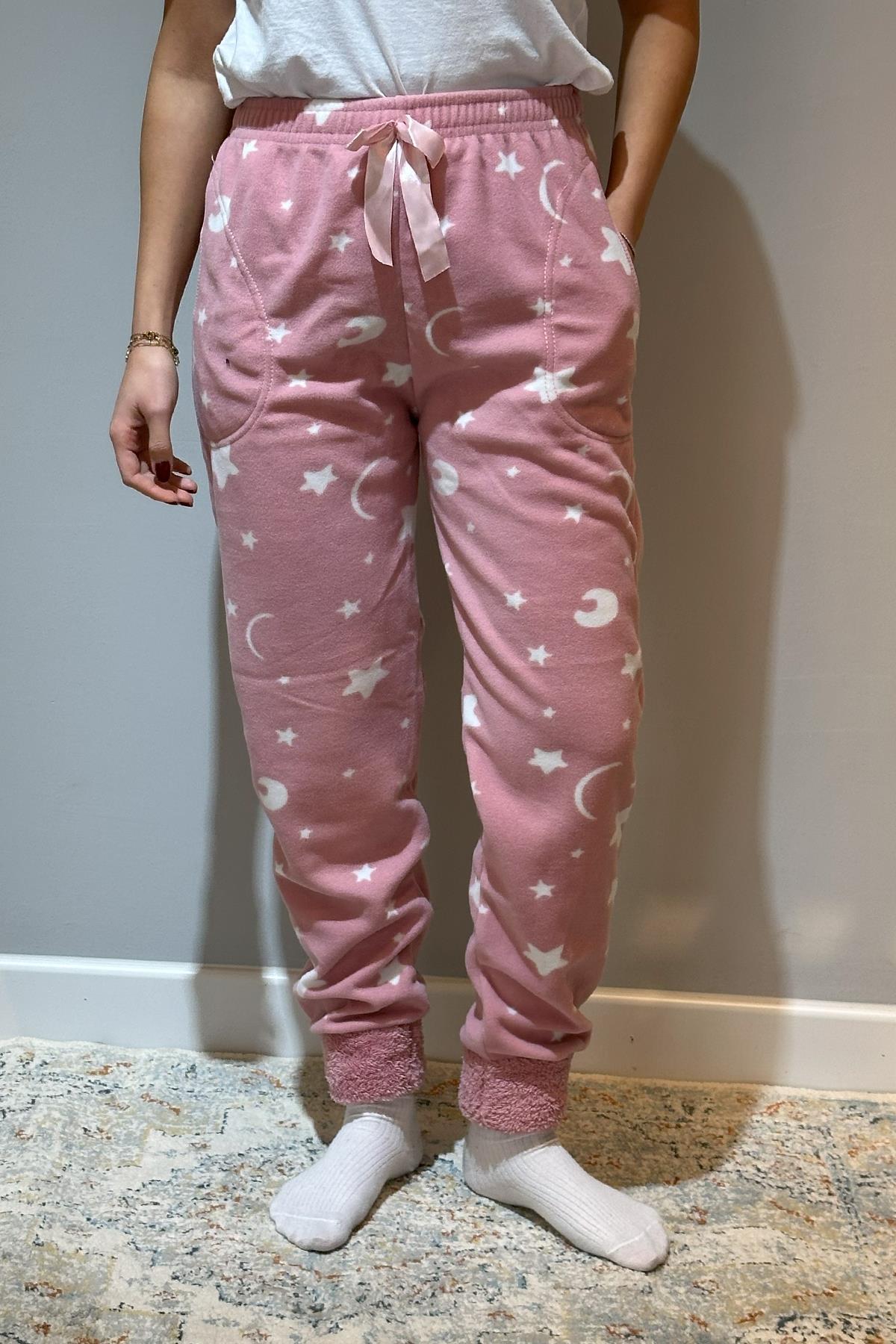 Kadın Polar Manşetli Pijama Tek Alt Yıldız 130 Pudra