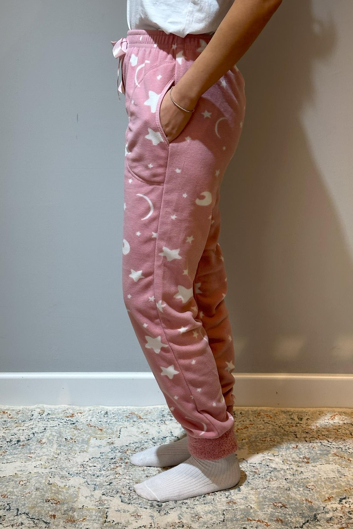 Kadın Polar Manşetli Pijama Tek Alt Yıldız 130 Pudra