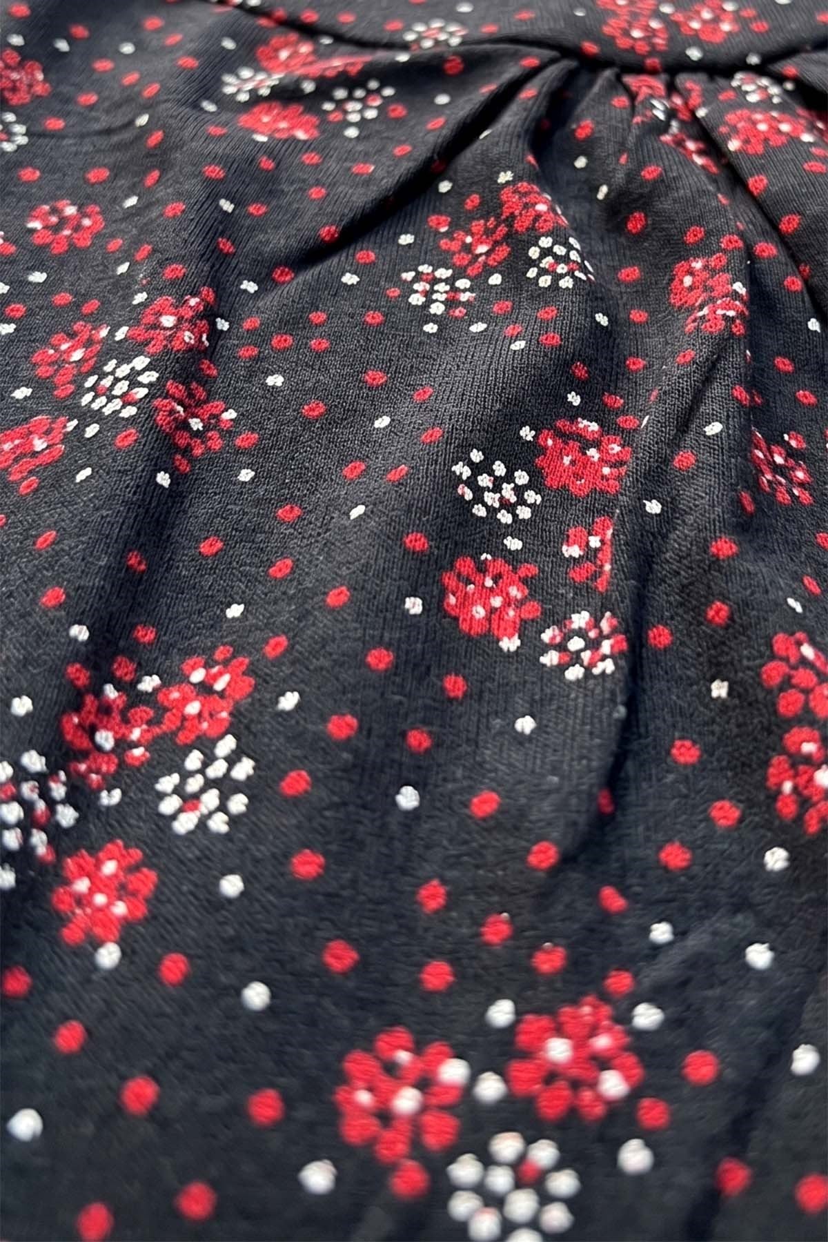 Kadın Puantiye Desen Kısa Kol Viskon Elbise Pijama 25238-3 Siyah01