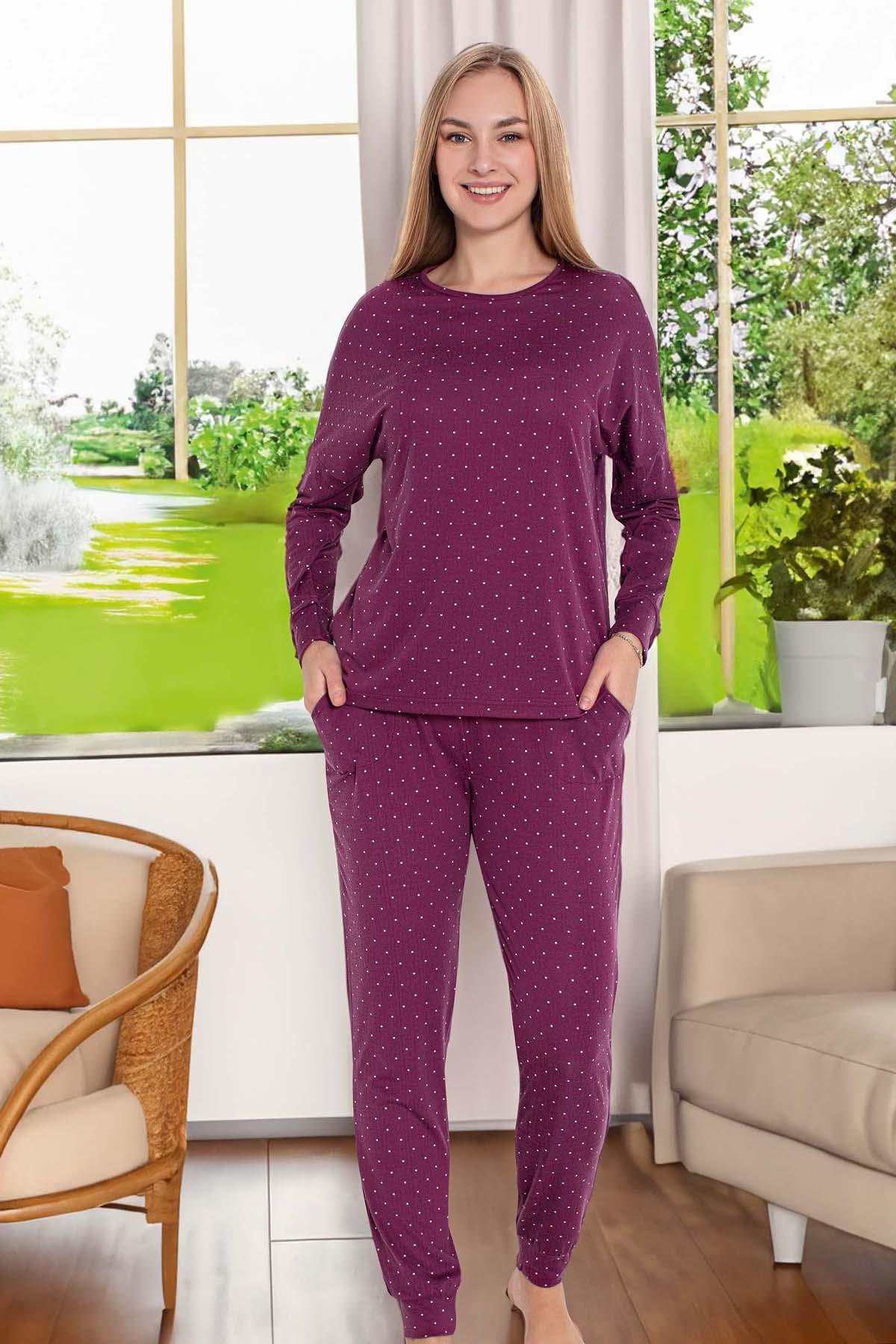 Kadın Puantiye Desen Uzun Kol Pijama Takımı 240987 Mürdüm