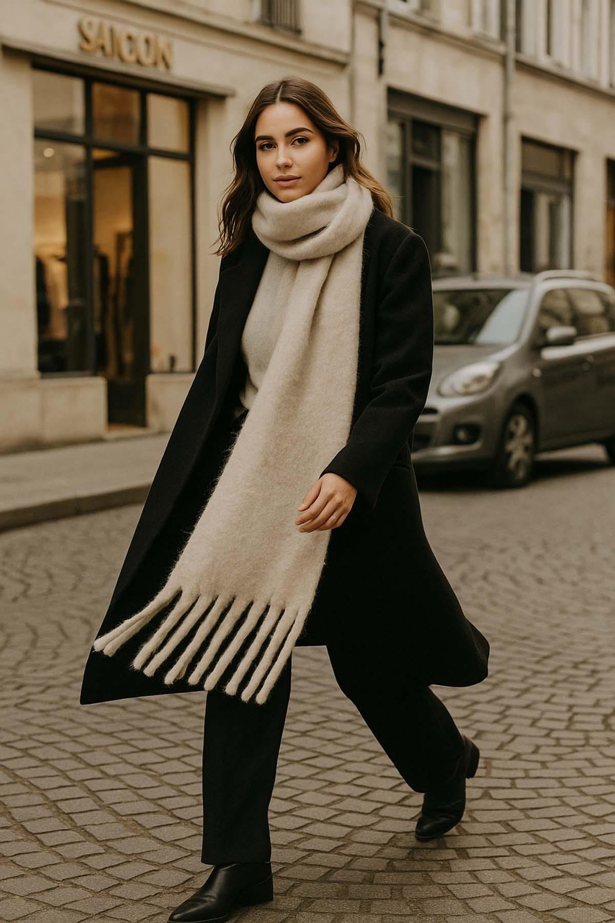 Kadın Püskül Detay Atkı Omuz Şalı 40x200 cm 1295 Bej