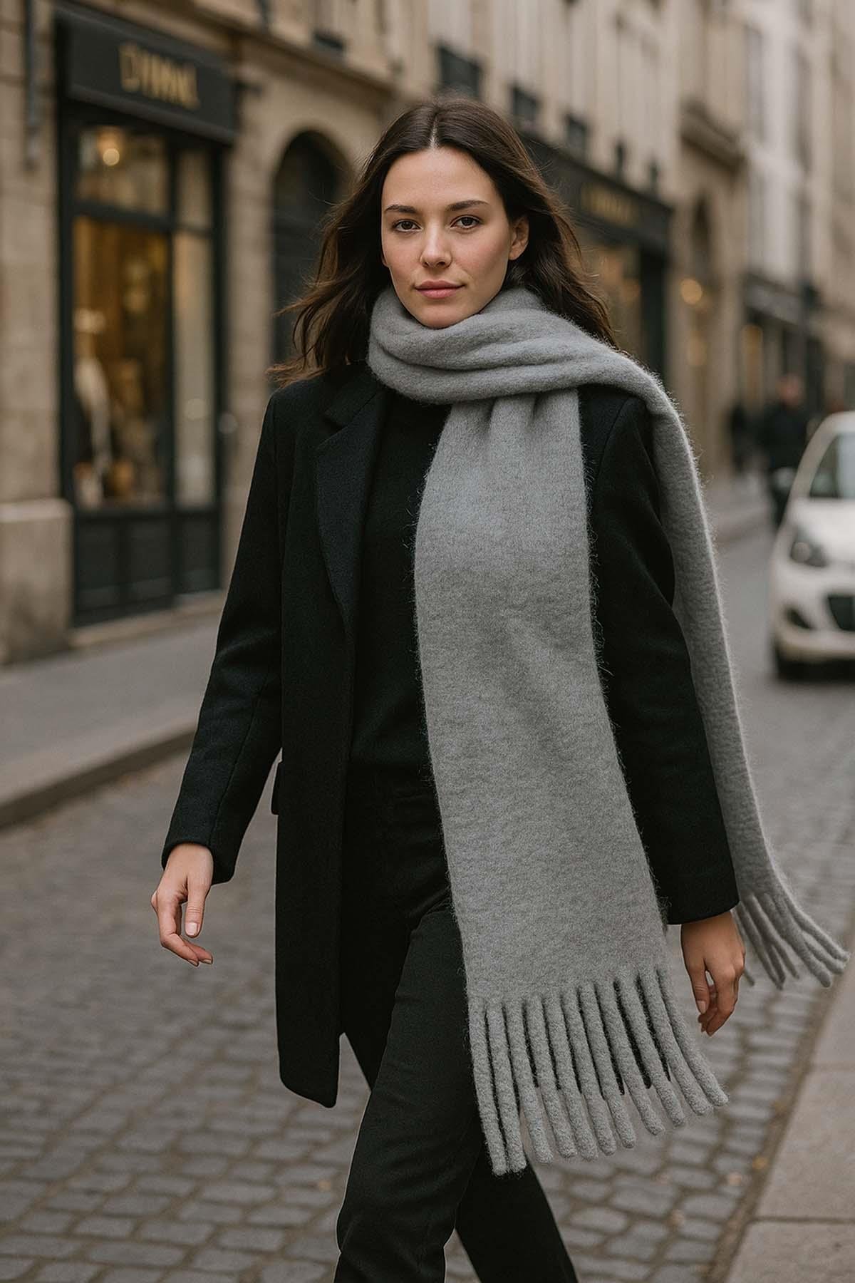 Kadın Püskül Detay Atkı Omuz Şalı 40x200 cm 1295 Antrasit