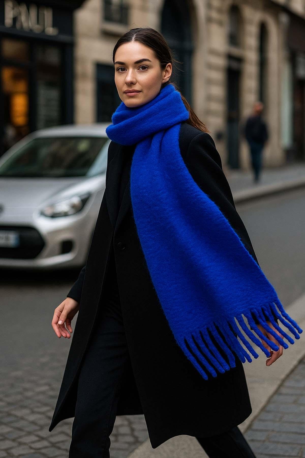 Kadın Püskül Detay Atkı Omuz Şalı 40x200 cm 1295 Saks Mavi 