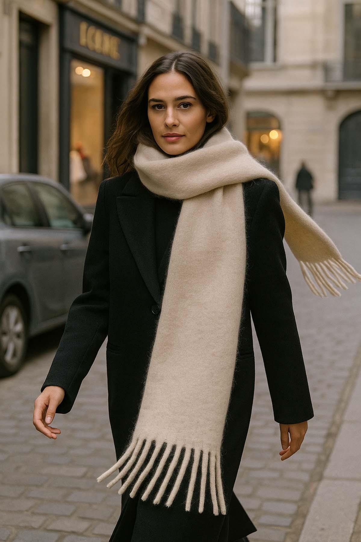 Kadın Püskül Detay Atkı Omuz Şalı 40x200 cm 1295 Bej