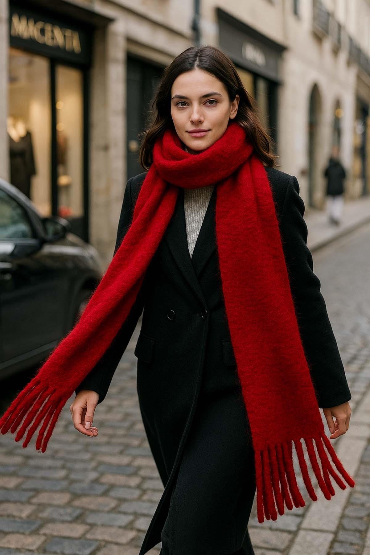 Kadın Püskül Detay Atkı Omuz Şalı 40x200 cm 1295 Kırmızı