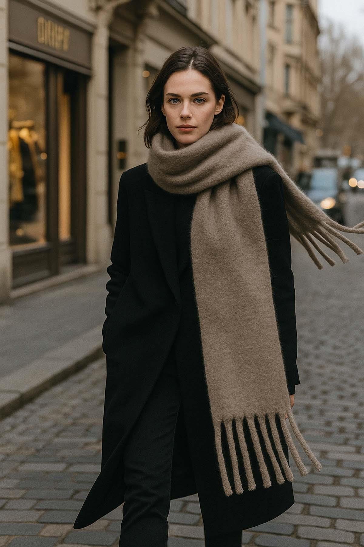 Kadın Püskül Detay Atkı Omuz Şalı 40x200 cm 1295 Vizon