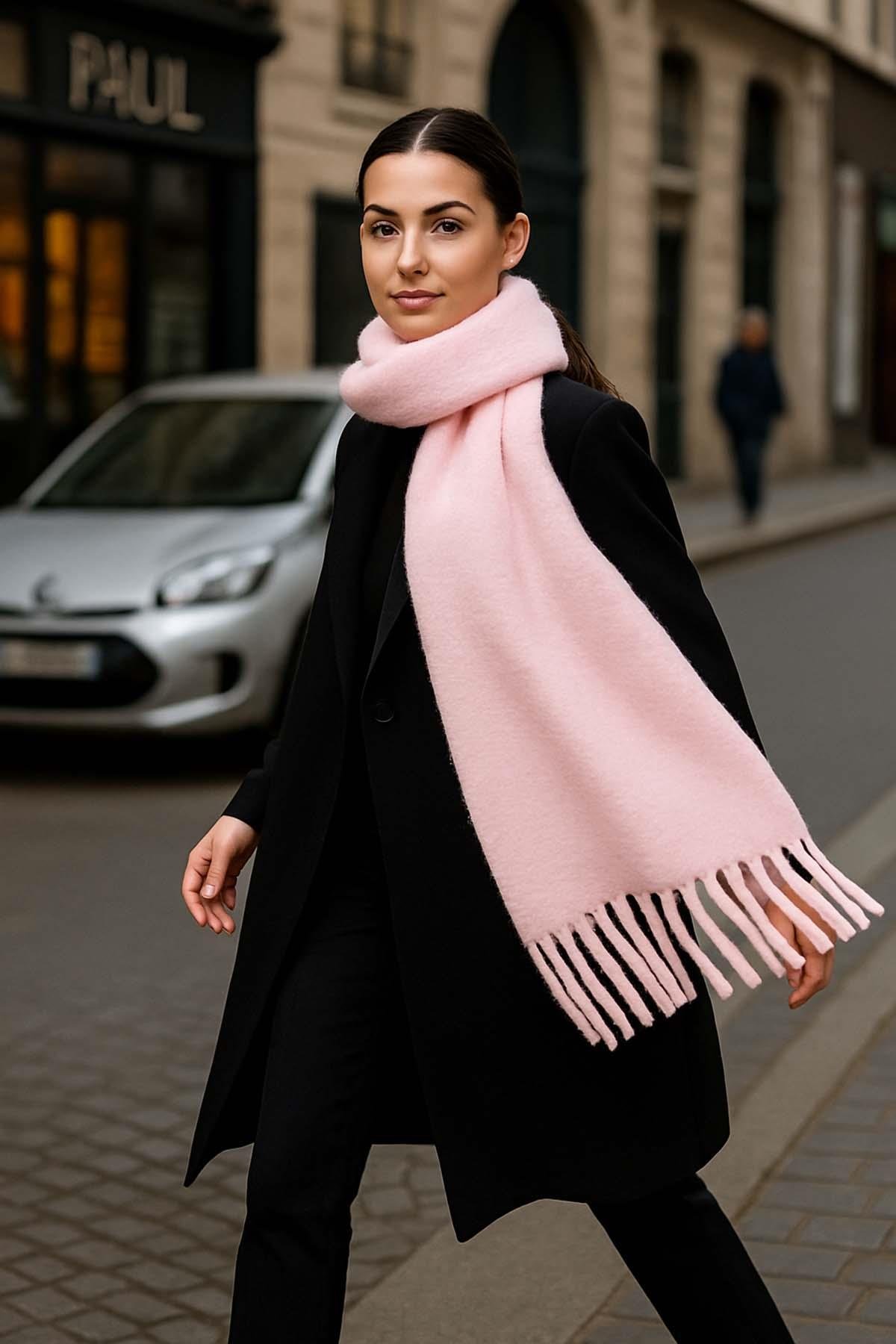 Kadın Püskül Detay Atkı Omuz Şalı 40x200 cm 1295 Pudra