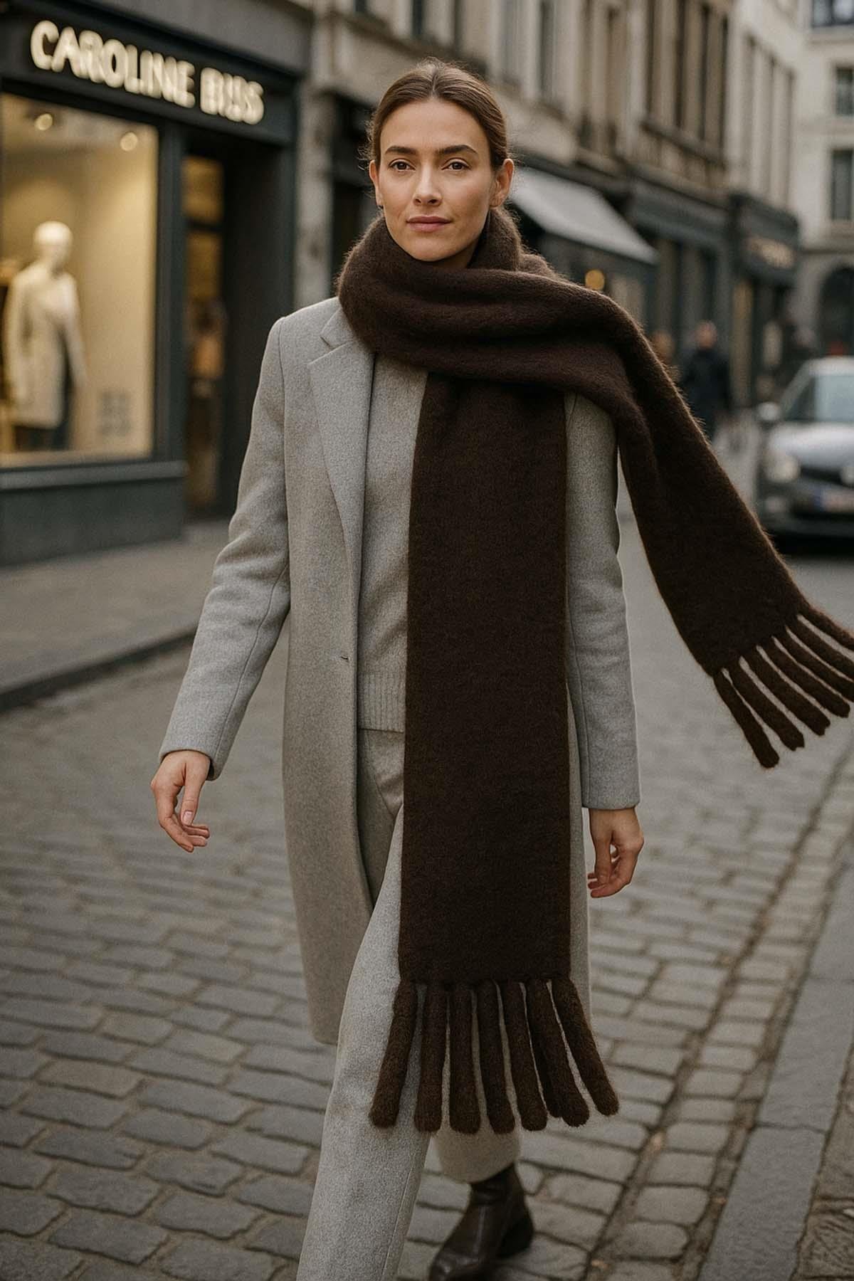 Kadın Püskül Detay Atkı Omuz Şalı 40x200 cm 1295 Kahverengi