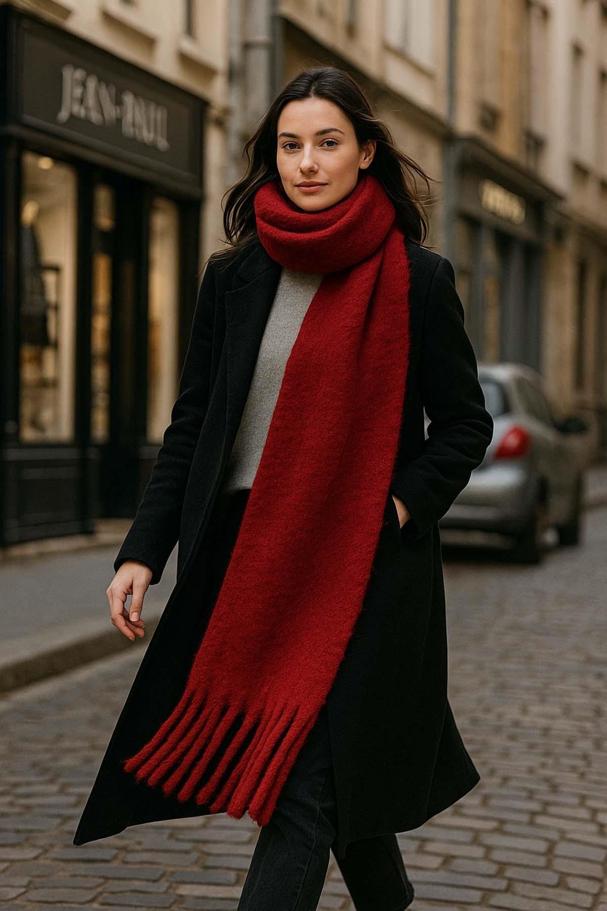 Kadın Püskül Detay Atkı Omuz Şalı 40x200 cm 1295 Kırmızı