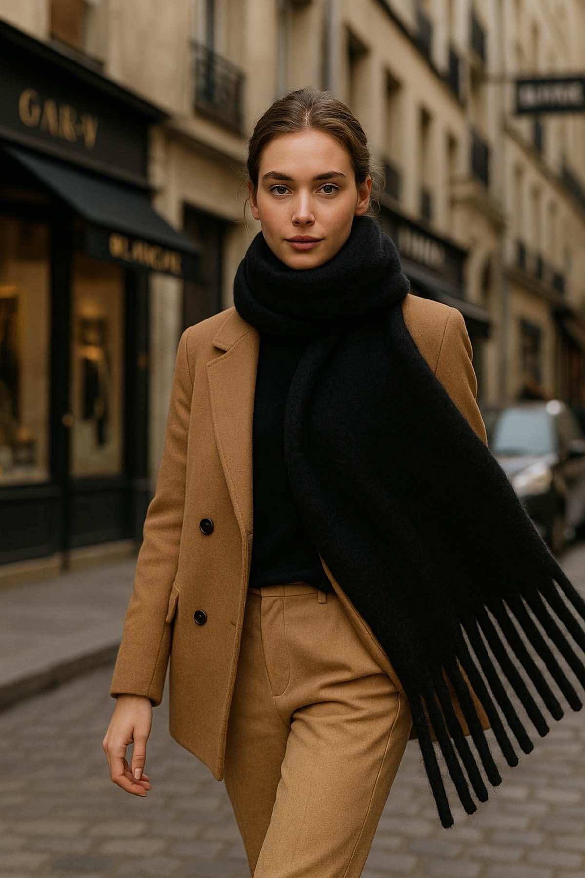 Kadın Püskül Detay Atkı Omuz Şalı 40x200 cm 1295 Siyah