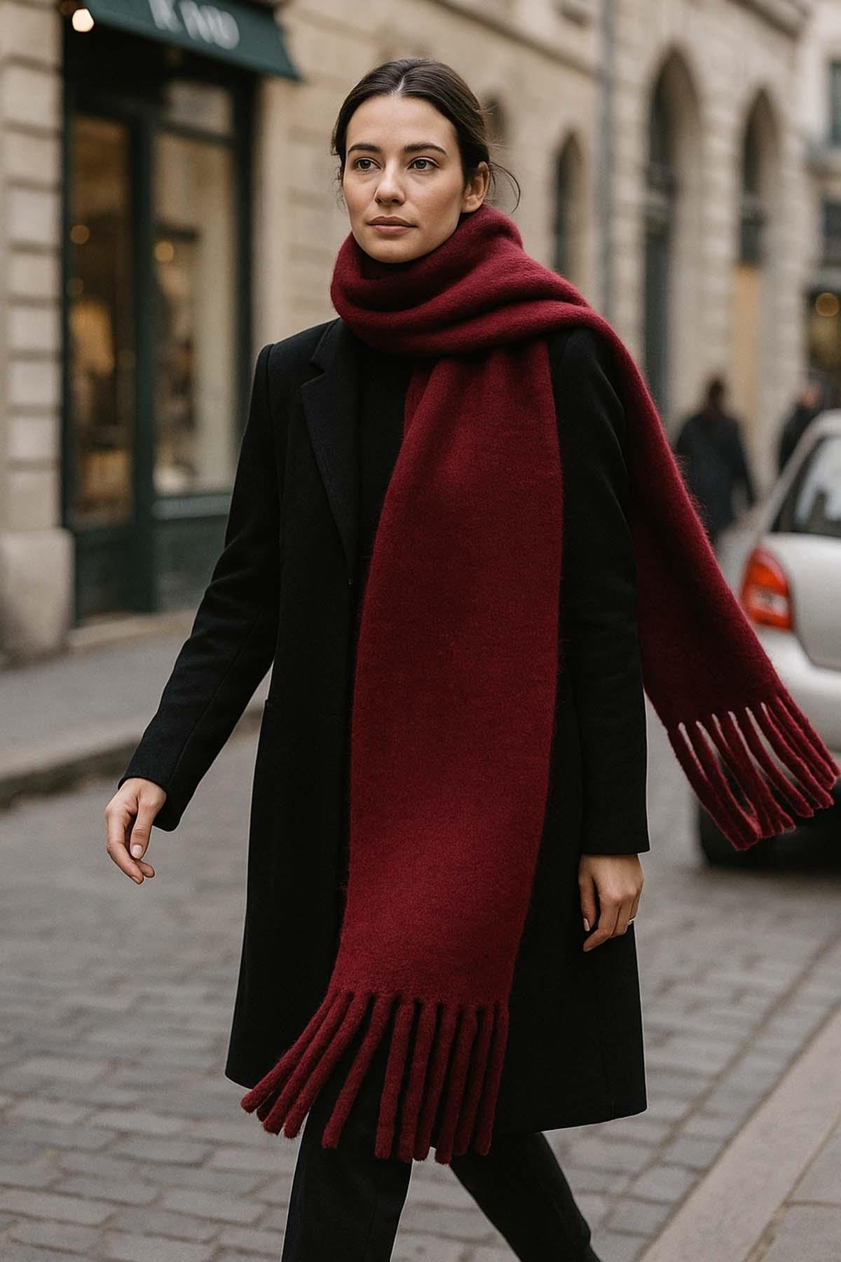 Kadın Püskül Detay Atkı Omuz Şalı 40x200 cm 1295 Bordo