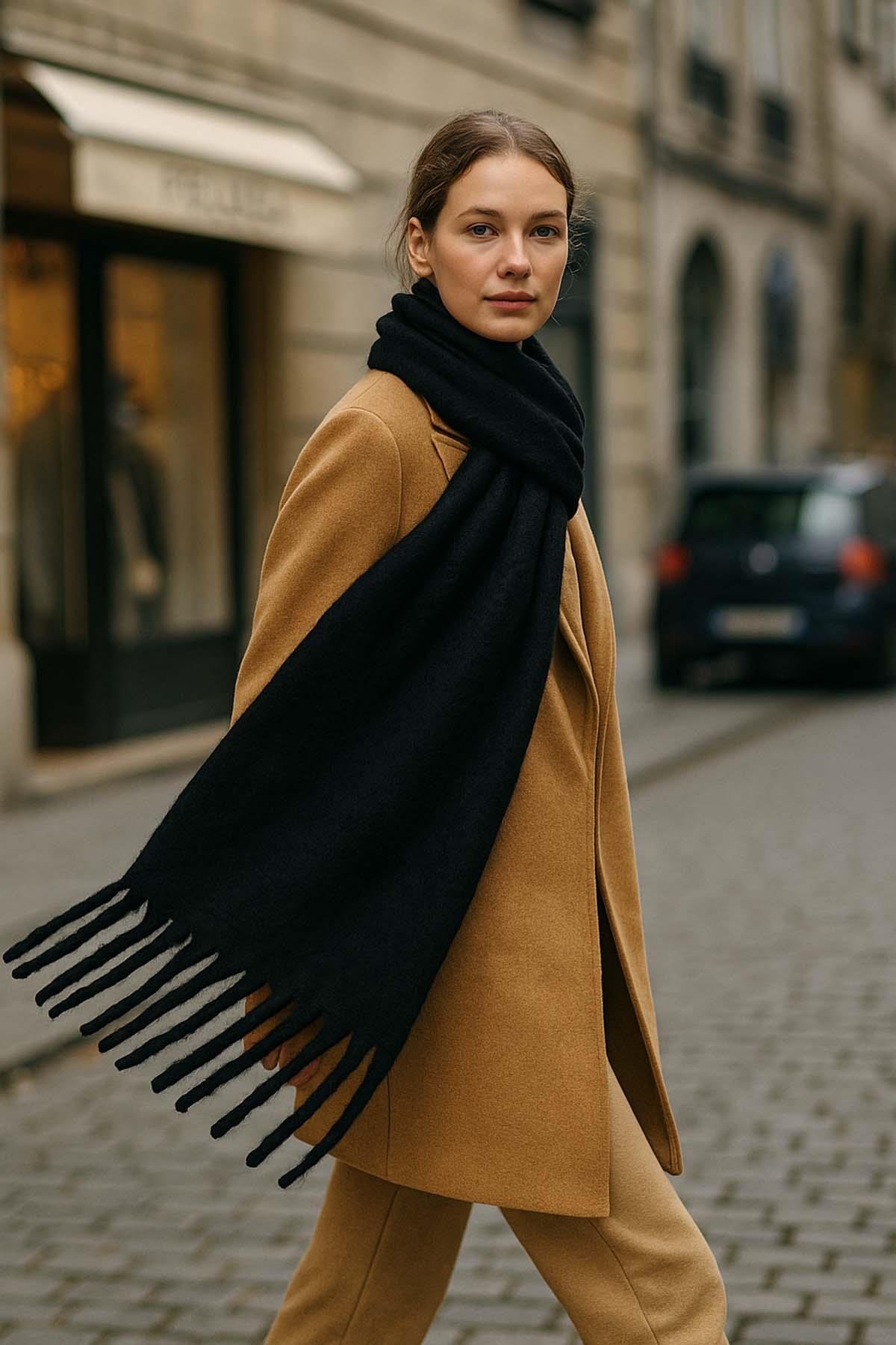 Kadın Püskül Detay Atkı Omuz Şalı 40x200 cm 1295 Siyah