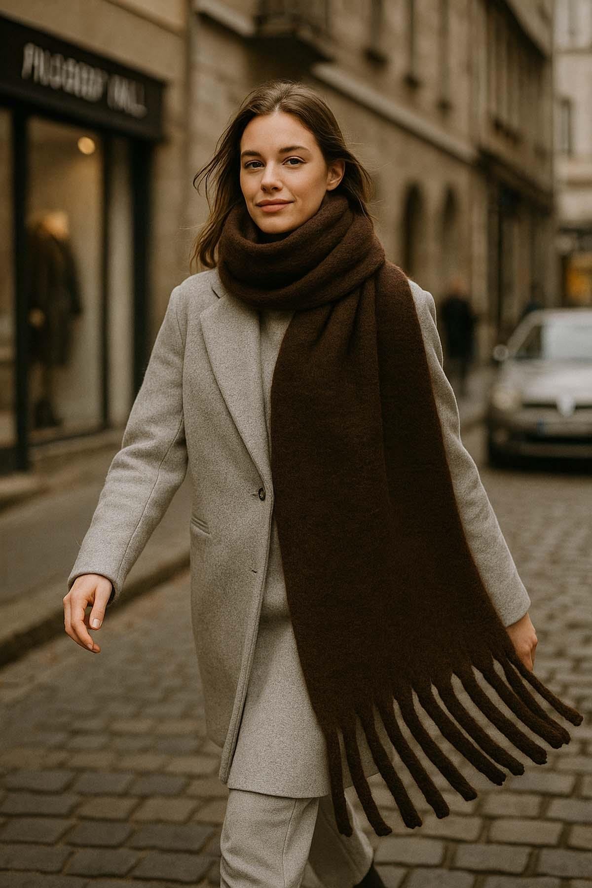 Kadın Püskül Detay Atkı Omuz Şalı 40x200 cm 1295 Kahverengi