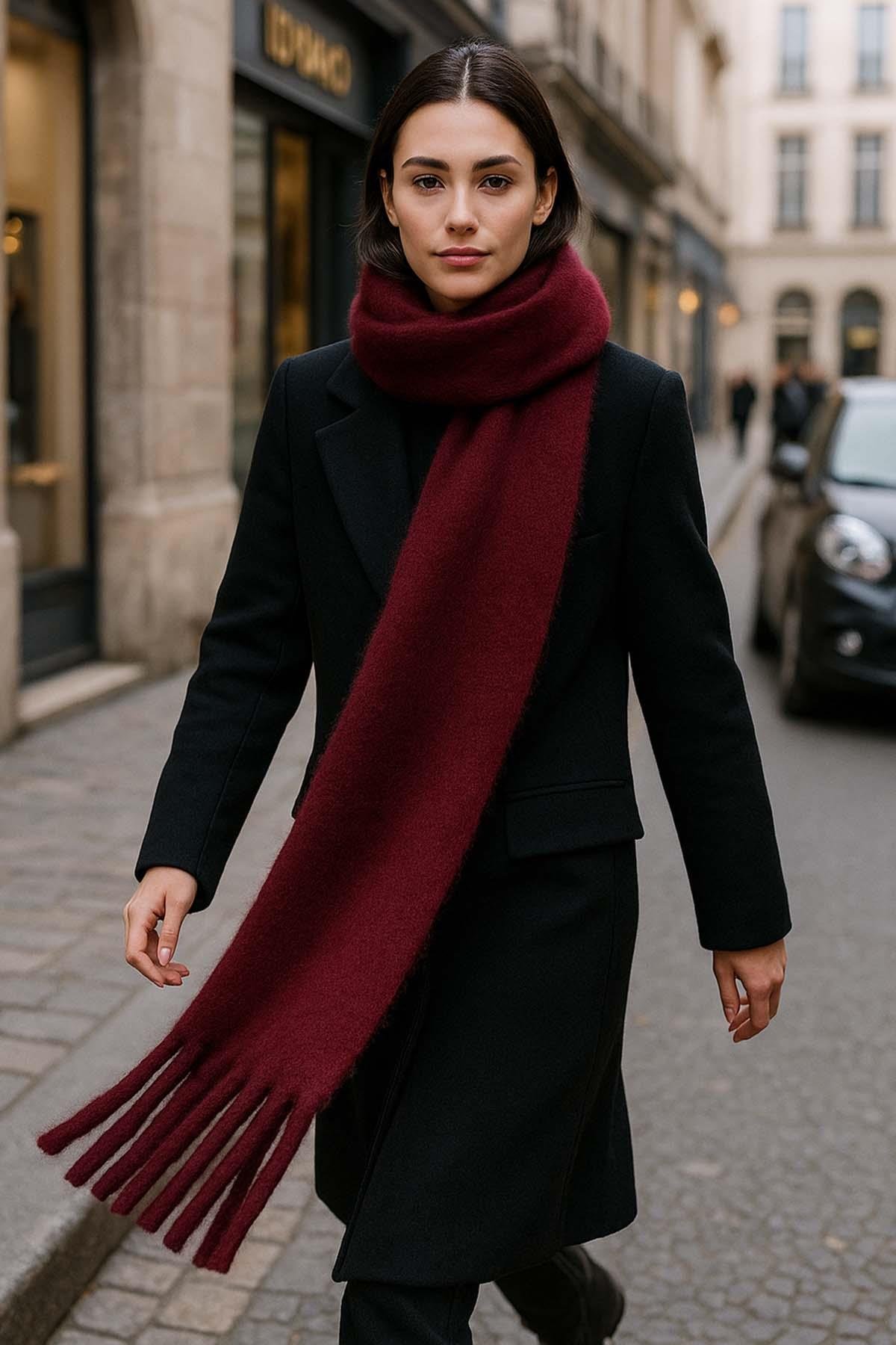 Kadın Püskül Detay Atkı Omuz Şalı 40x200 cm 1295 Bordo