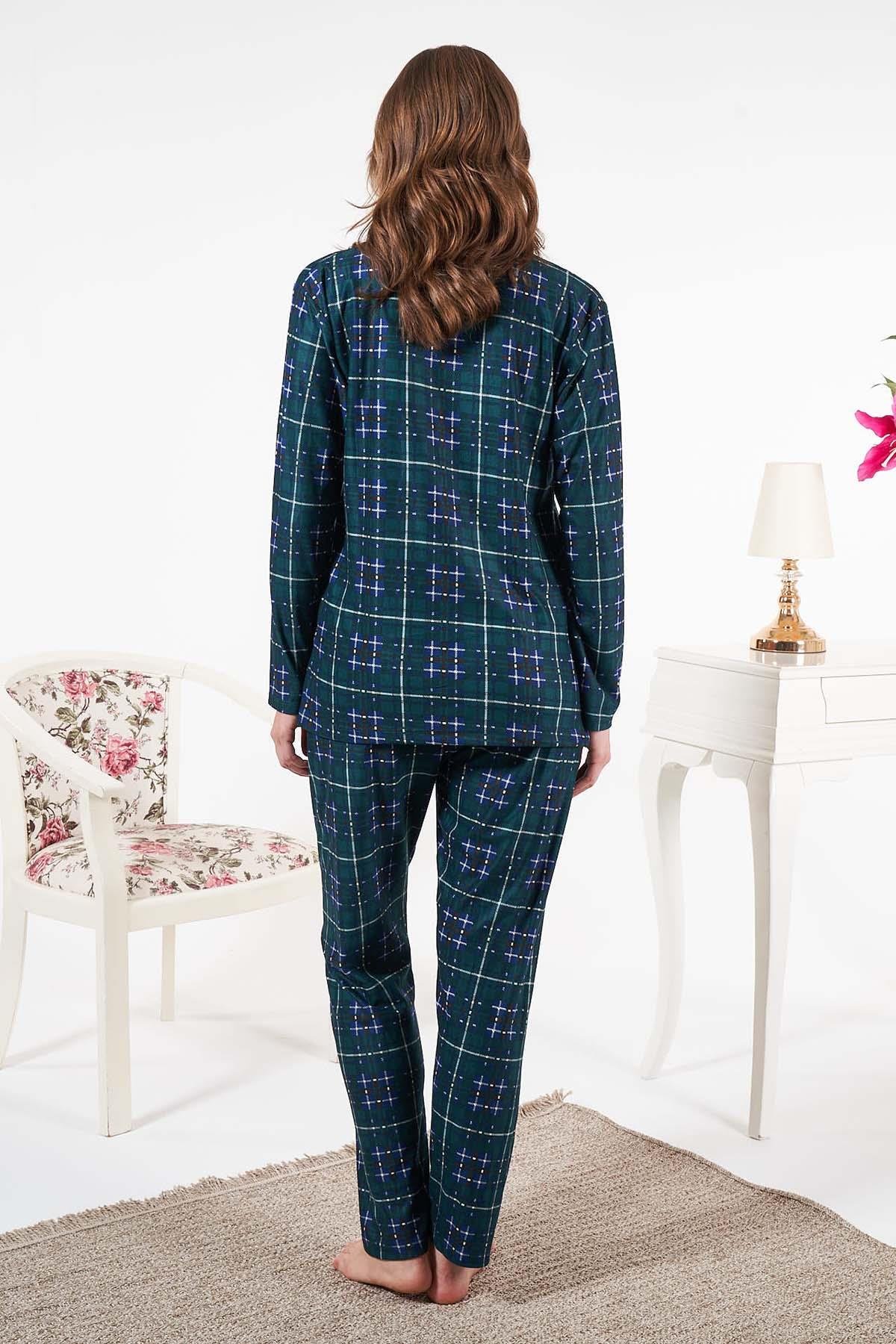 Kadın Süet Önden Düğmeli Pijama Takımı 25331 Yeşil