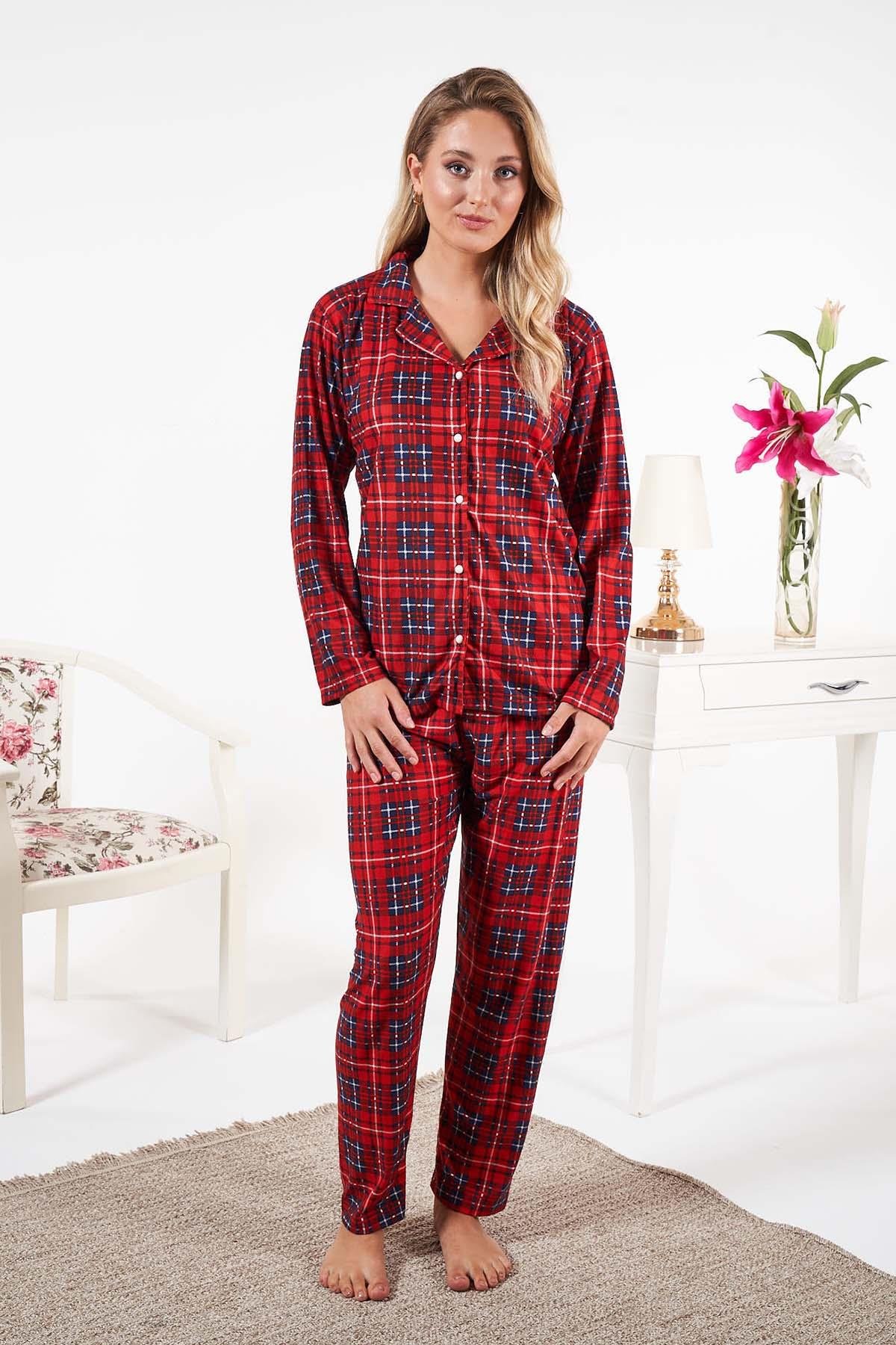 Kadın Süet Önden Düğmeli Pijama Takımı 25331 Kırmızı