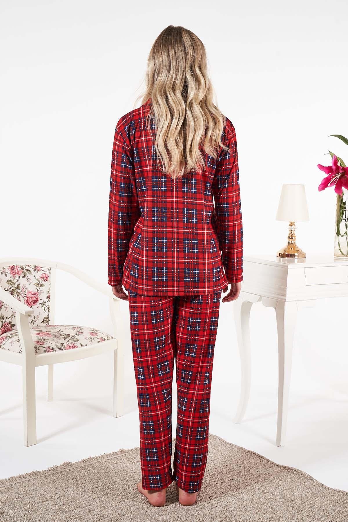 Kadın Süet Önden Düğmeli Pijama Takımı 25331 Kırmızı