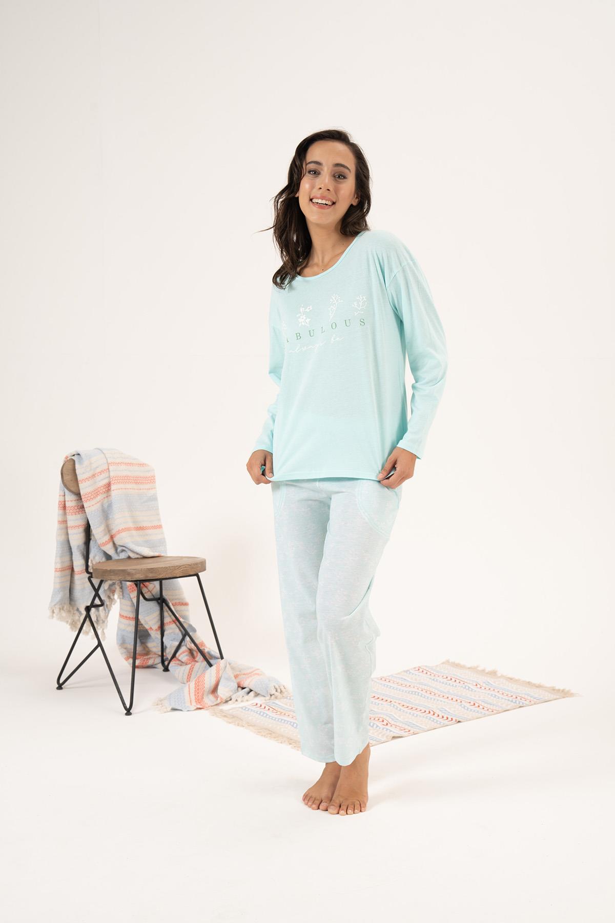 Kadın Süprem Uzun Kollu Pijama Takımı 24121 Mint