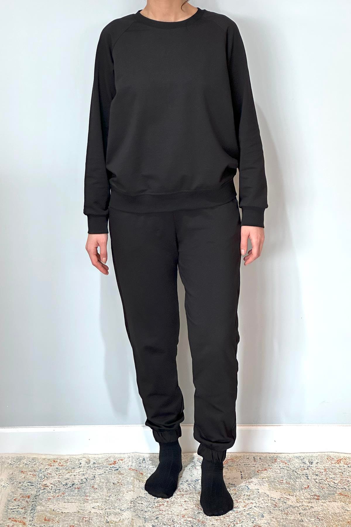 Kadın Sweatshirt Paçası Lastikli Eşofman Takımı 8006 Siyah 