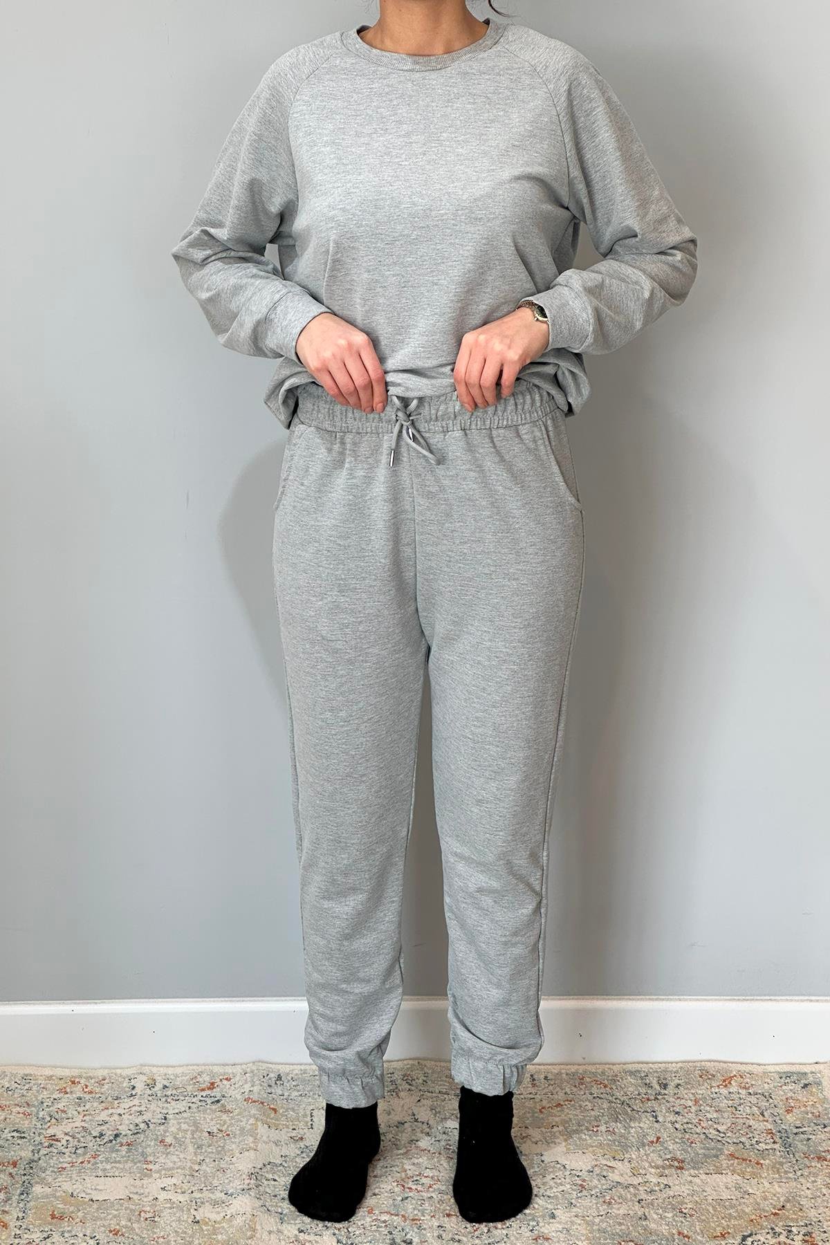 Kadın Sweatshirt Paçası Lastikli Eşofman Takımı 8006 Gri