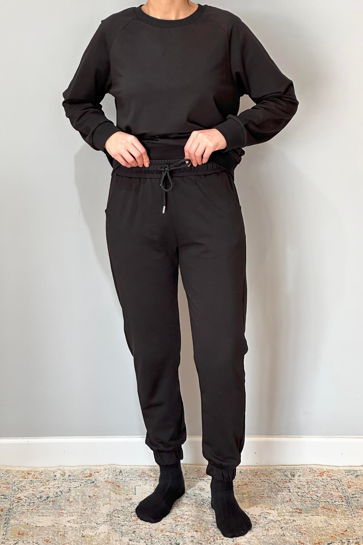 Kadın Sweatshirt Paçası Lastikli Eşofman Takımı 8006 Siyah 