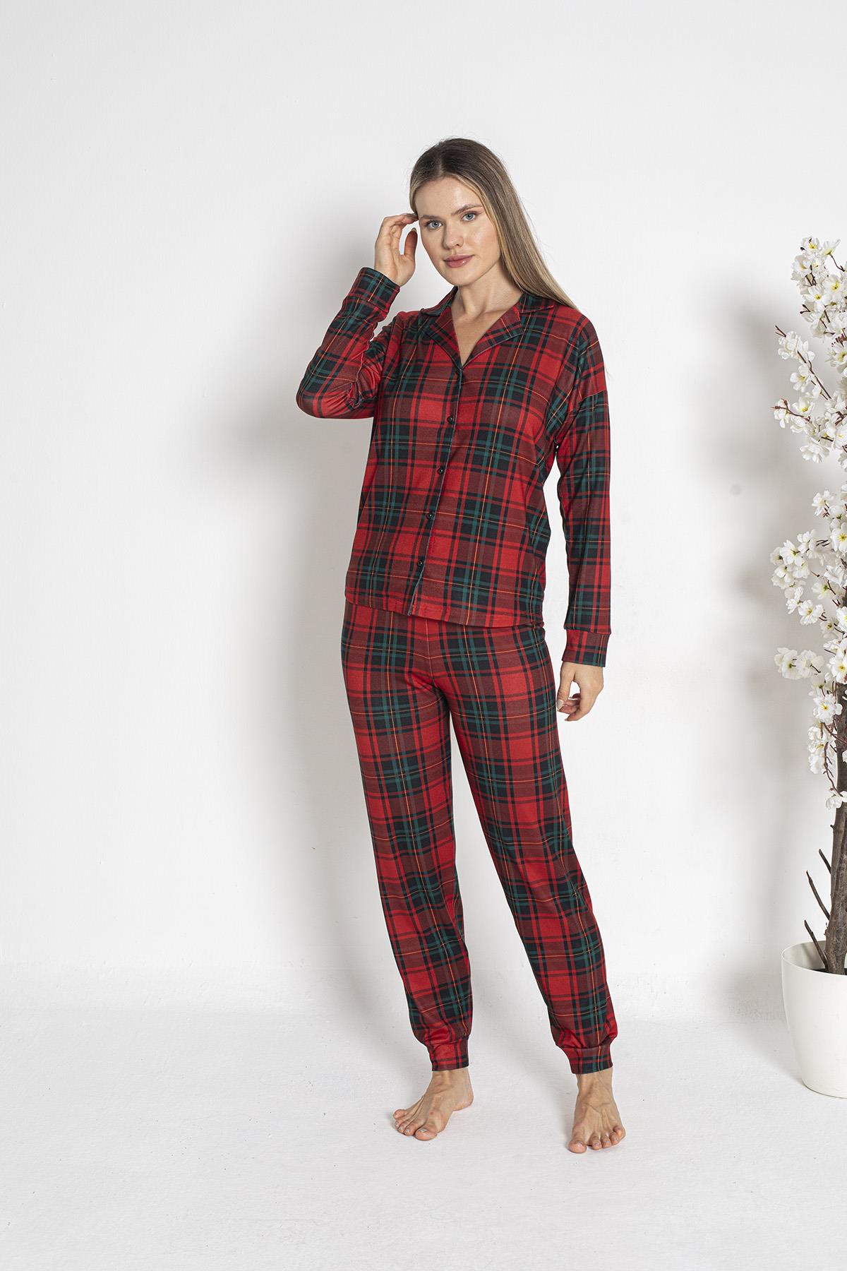 Kadın Termal Önü Düğmeli Pijama Takımı 24494 Bordo