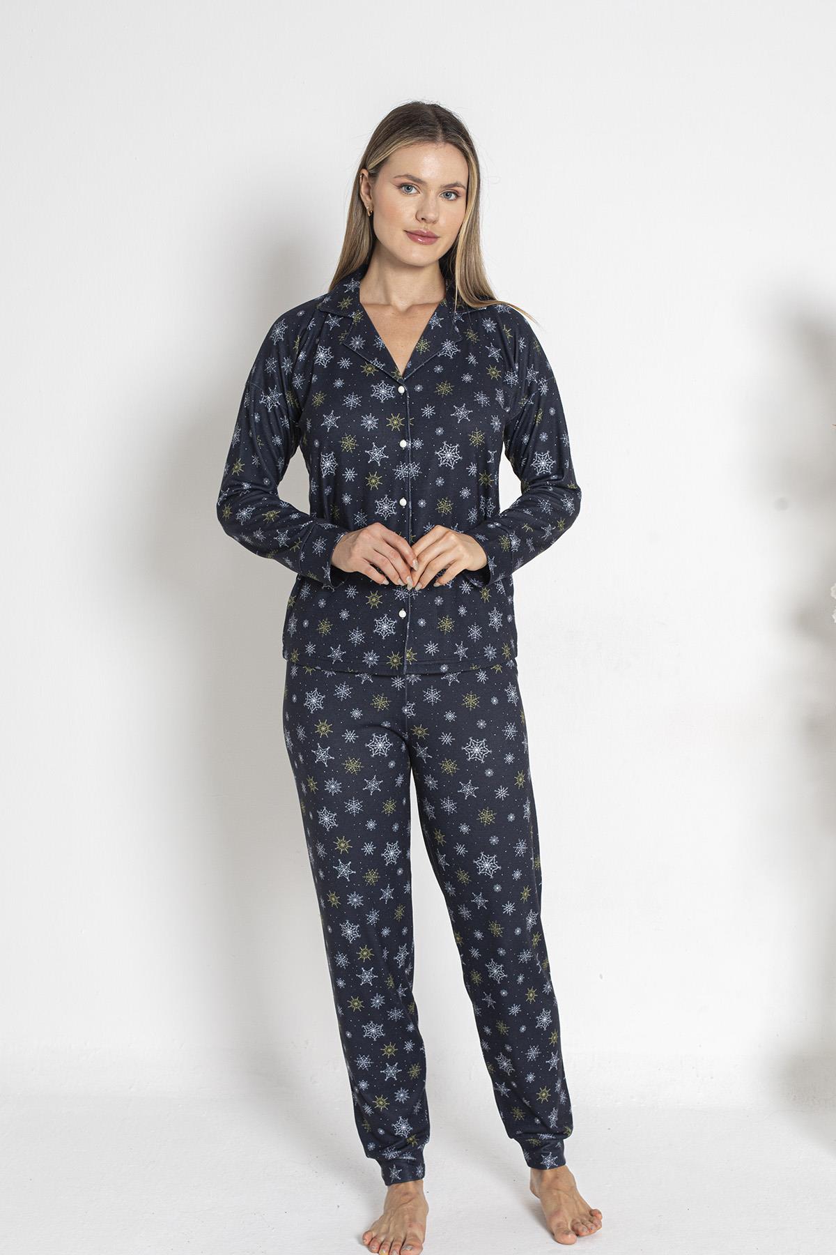 Kadın Termal Önü Düğmeli Pijama Takımı 24493 Lacivert