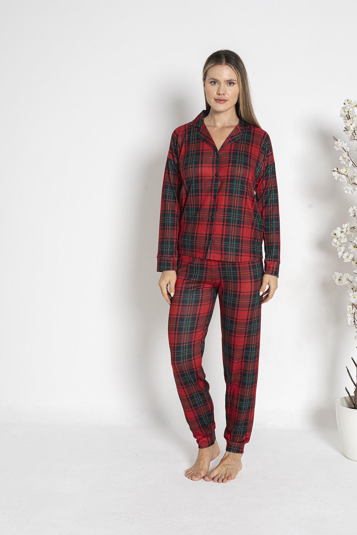 Kadın Termal Önü Düğmeli Pijama Takımı 24494 Bordo