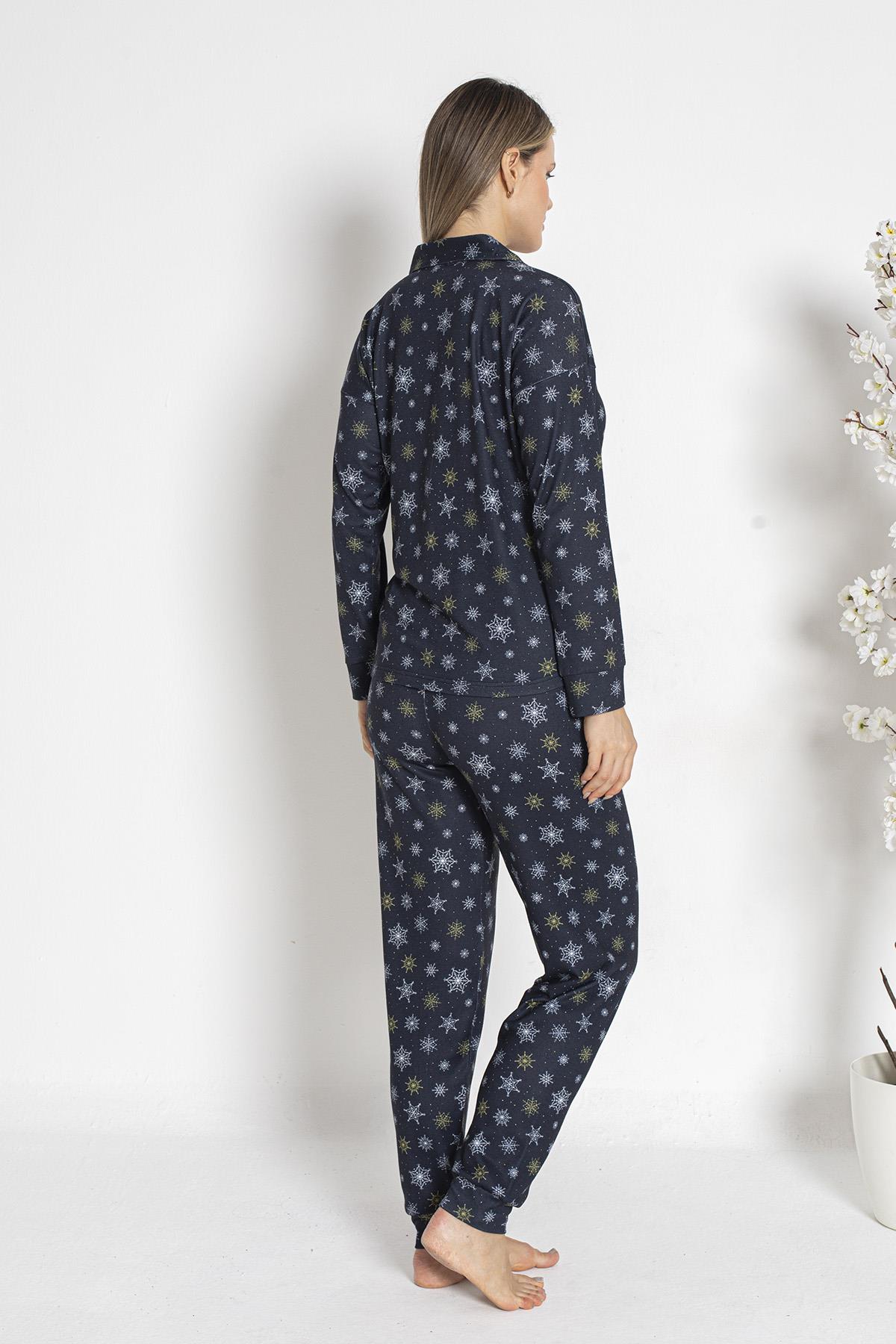 Kadın Termal Önü Düğmeli Pijama Takımı 24493 Lacivert