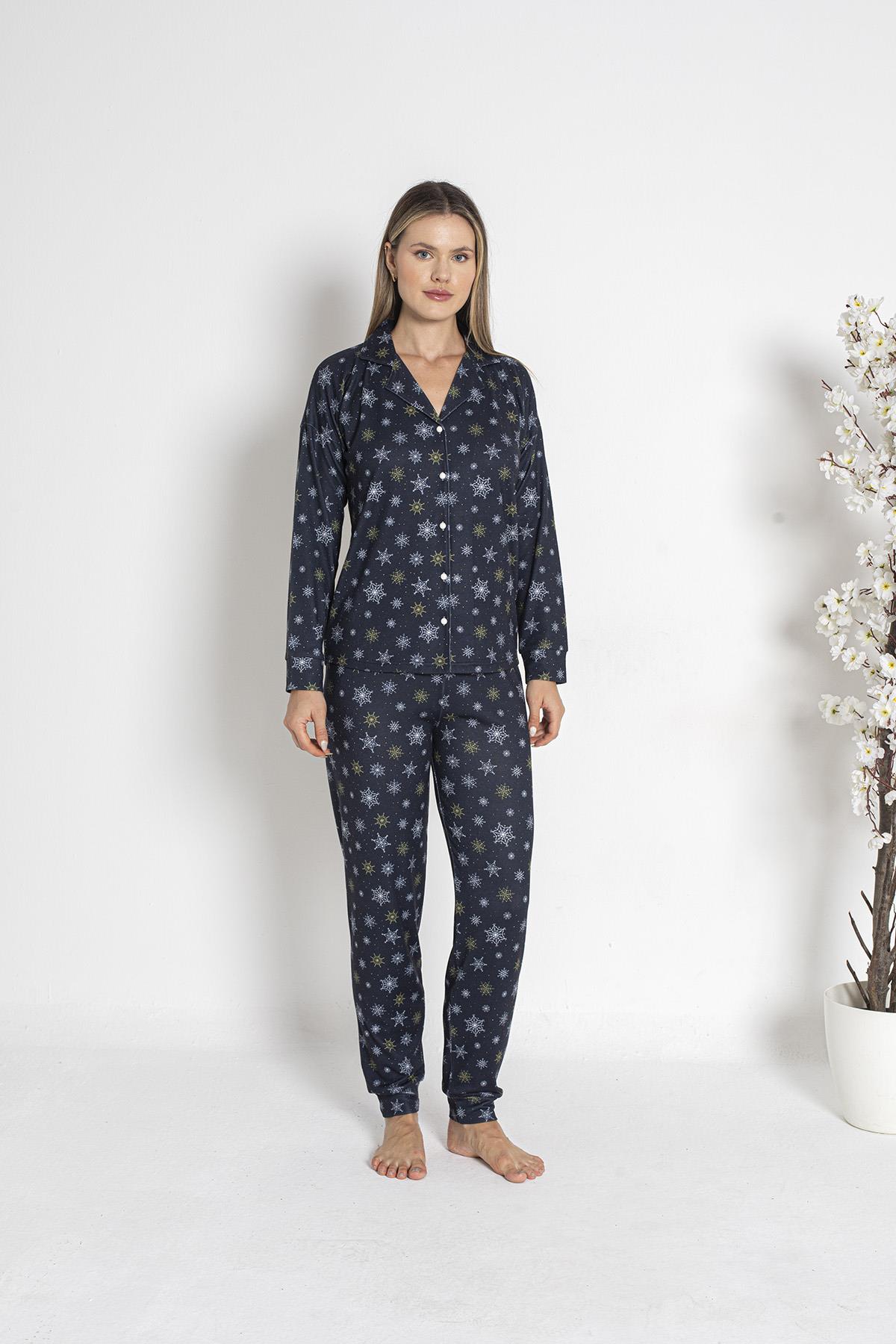 Kadın Termal Önü Düğmeli Pijama Takımı 24493 Lacivert