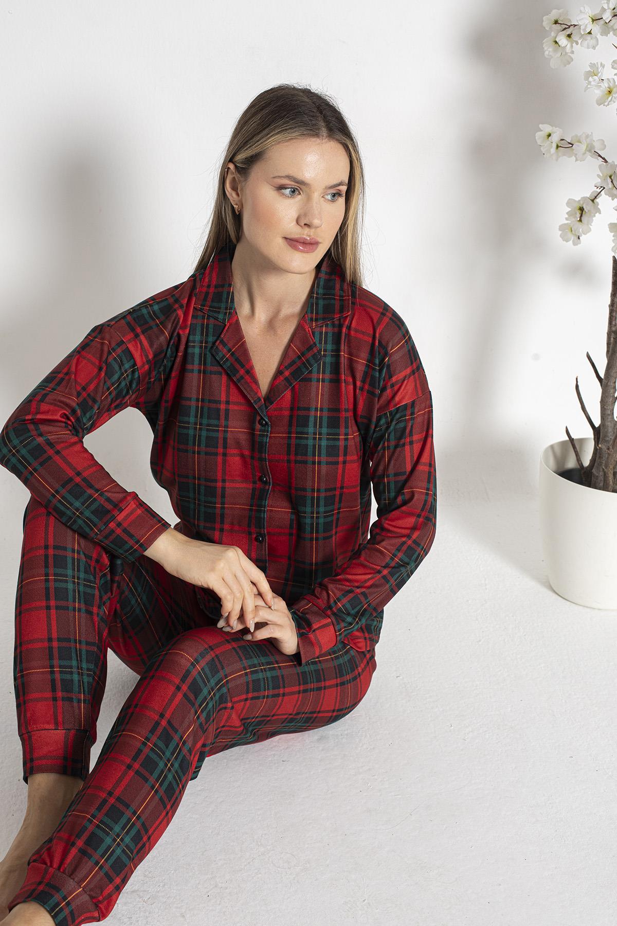 Kadın Termal Önü Düğmeli Pijama Takımı 24494 Bordo