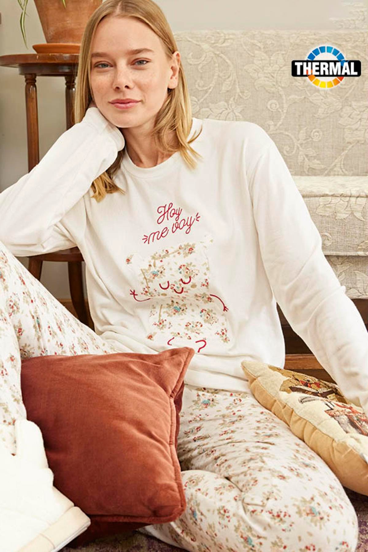 Kadın Termal Uzun Kol Pijama Takımı 30013 Ekru