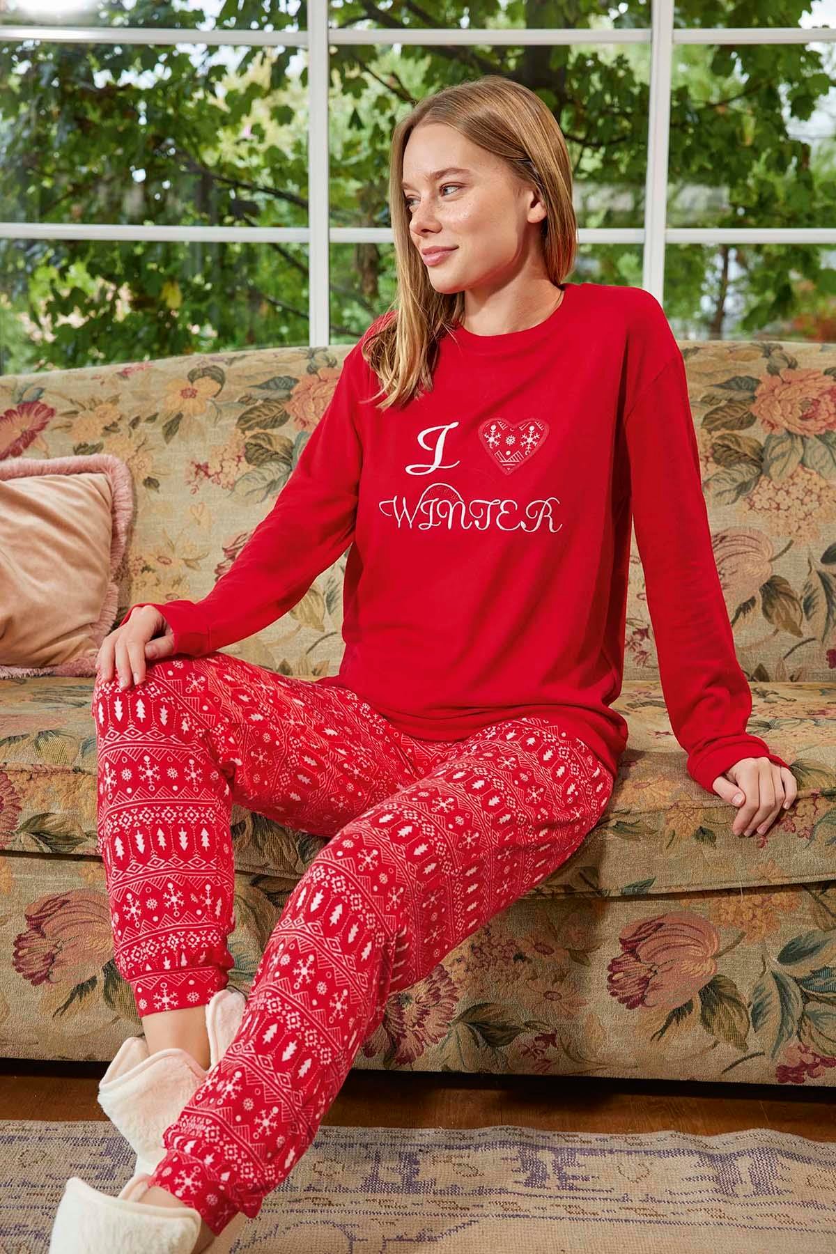 Kadın Termal Uzun Kol Pijama Takımı 30000 Kırmızı