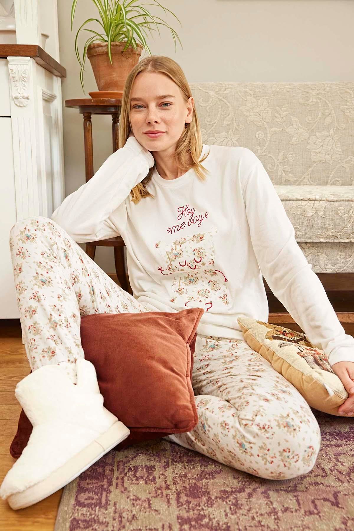 Kadın Termal Uzun Kol Pijama Takımı 30013 Ekru