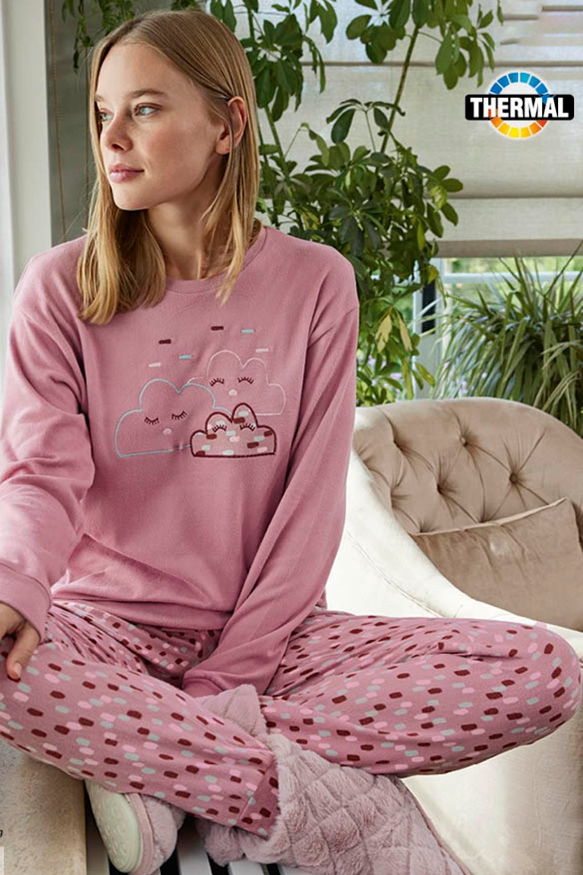 Kadın Termal Uzun Kol Pijama Takımı 30021 Pembe