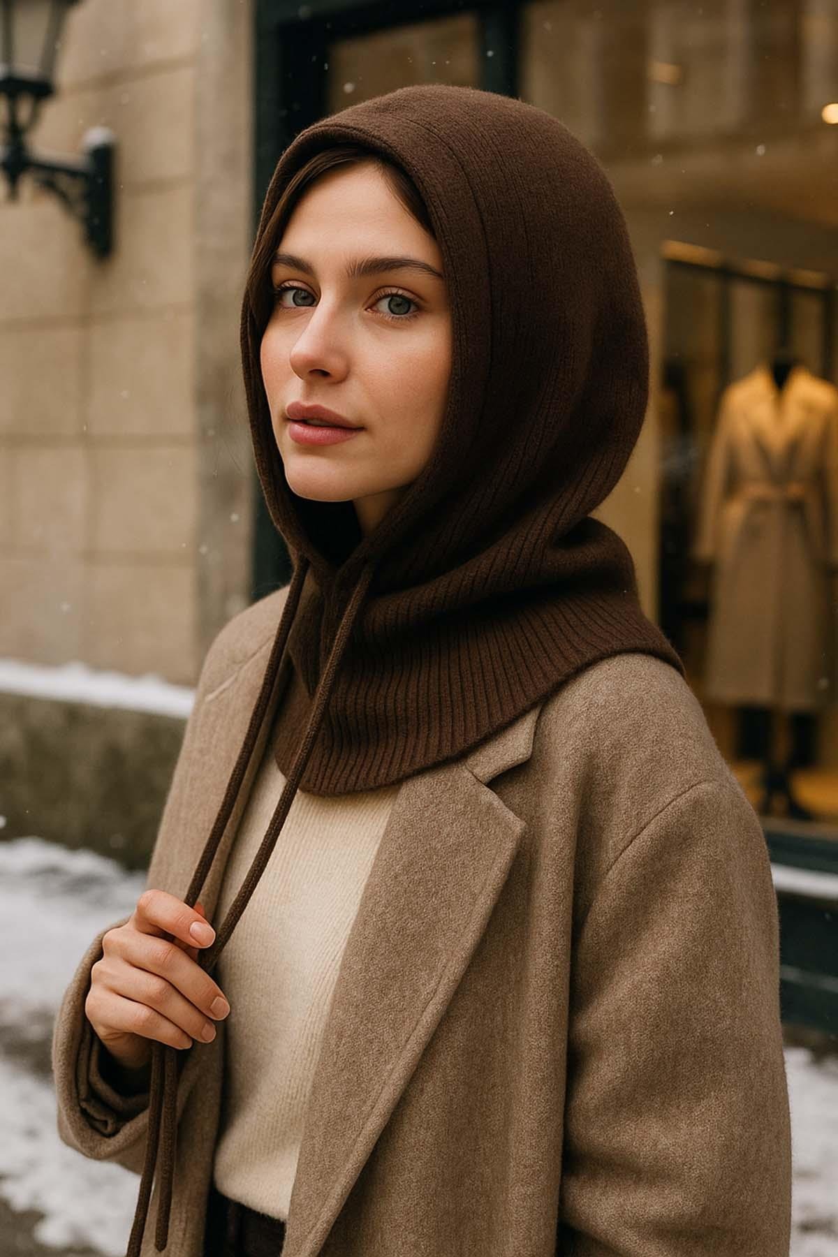 Kadın Triko Balaklava Bere Şapka RKŞBYN-05 Kahverengi