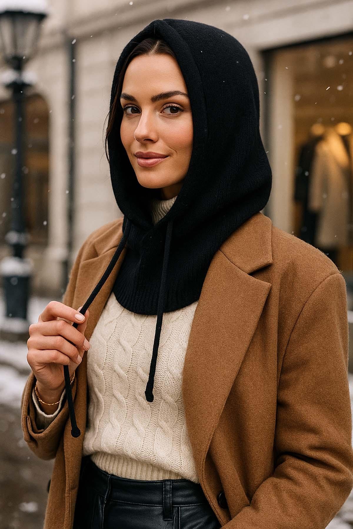 Kadın Triko Balaklava Bere Şapka RKŞBYN-05 Siyah