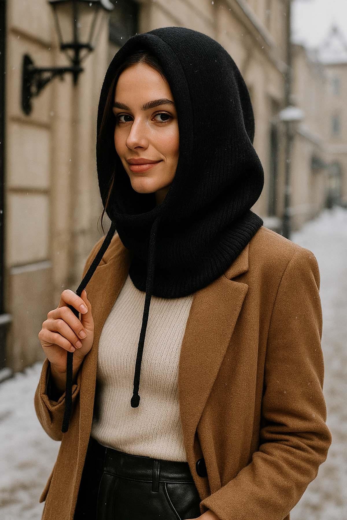 Kadın Triko Balaklava Bere Şapka RKŞBYN-05 Siyah