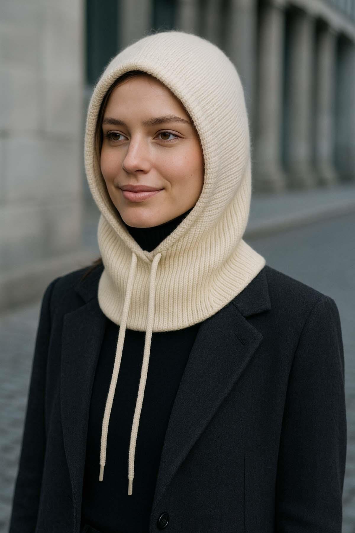 Kadın Triko Balaklava Bere Şapka RKŞBYN-05 Bej