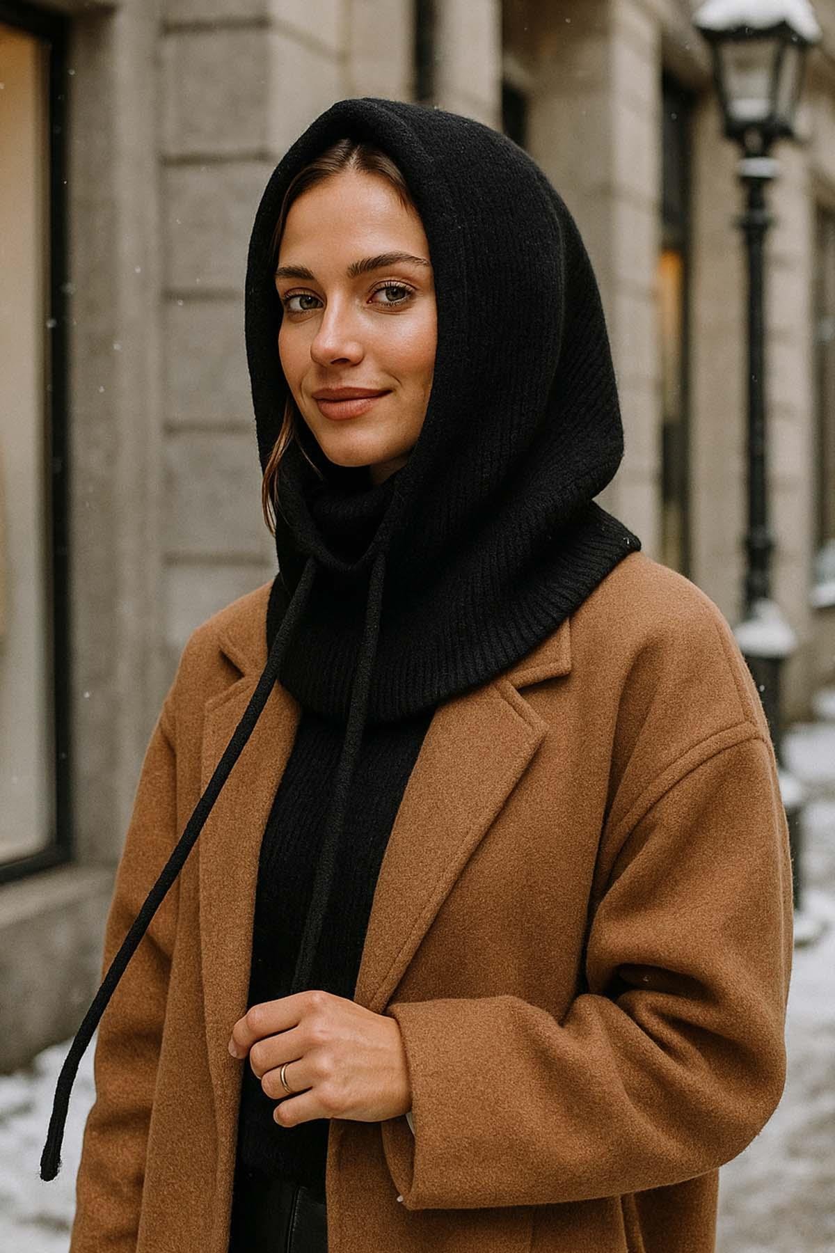 Kadın Triko Balaklava Bere Şapka RKŞBYN-05 Siyah