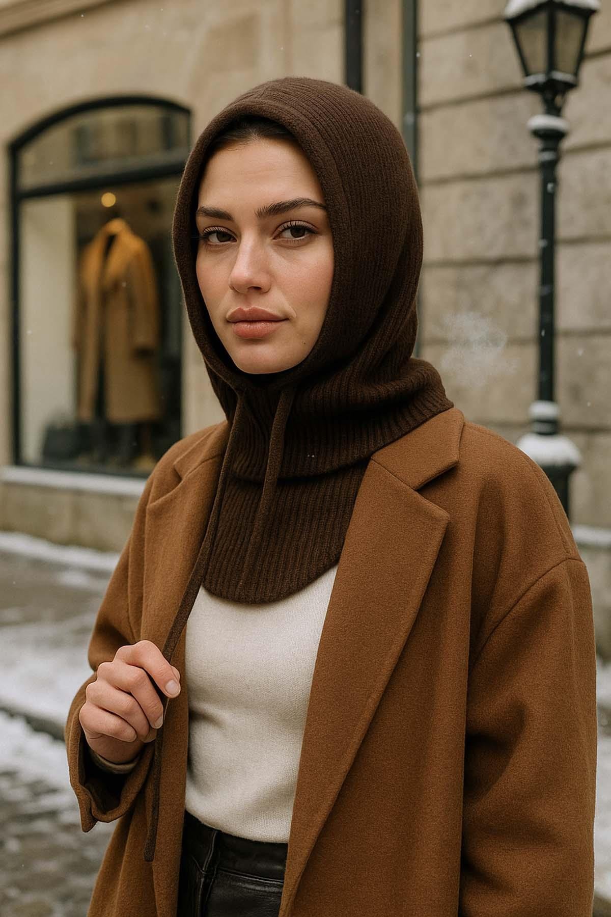 Kadın Triko Balaklava Bere Şapka RKŞBYN-05 Kahverengi