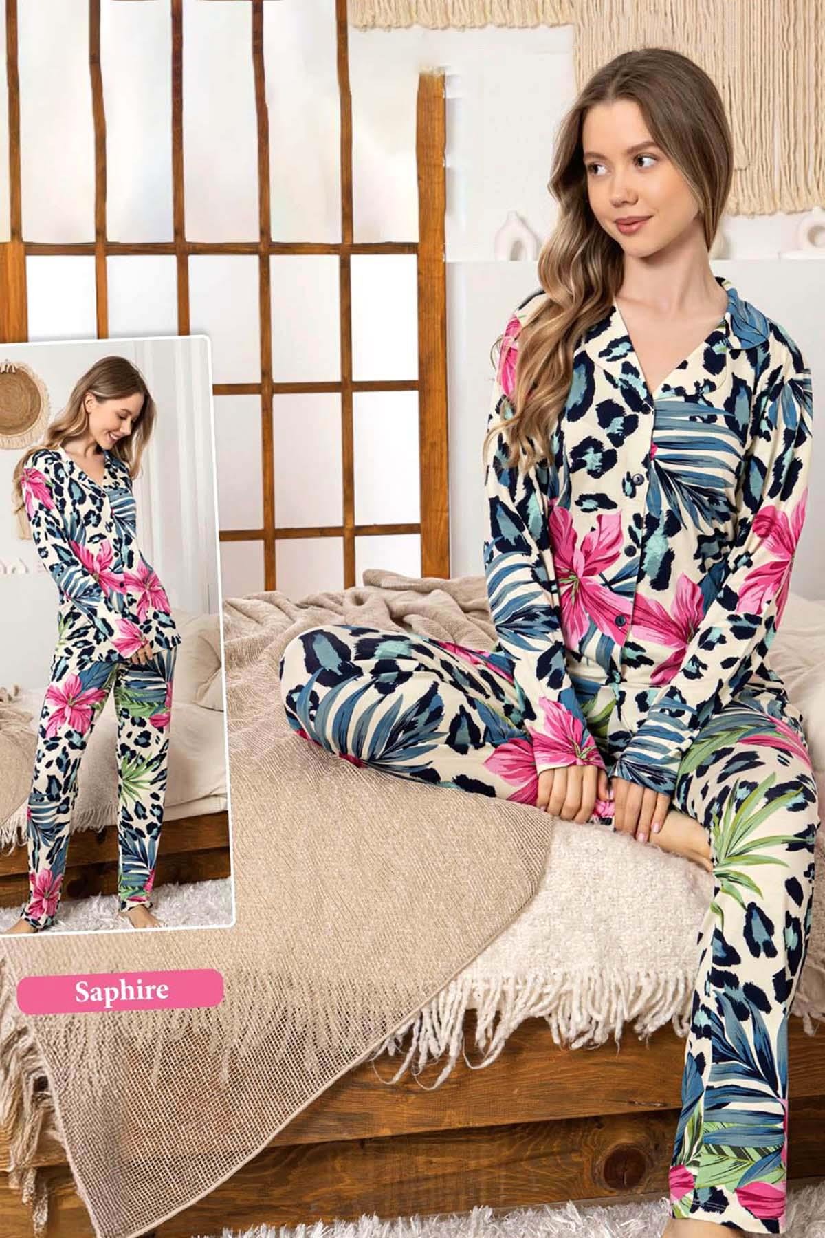 Kadın Tropik Desen Düğmeli Saphire Pijama Takımı 0341 Krem