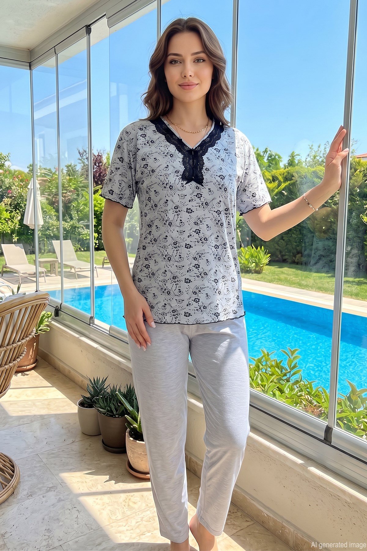 Kadın Yaka Kısmı Dantel Detay Kısa Kollu Penye Pijama Takımı 03 Buz Mavi