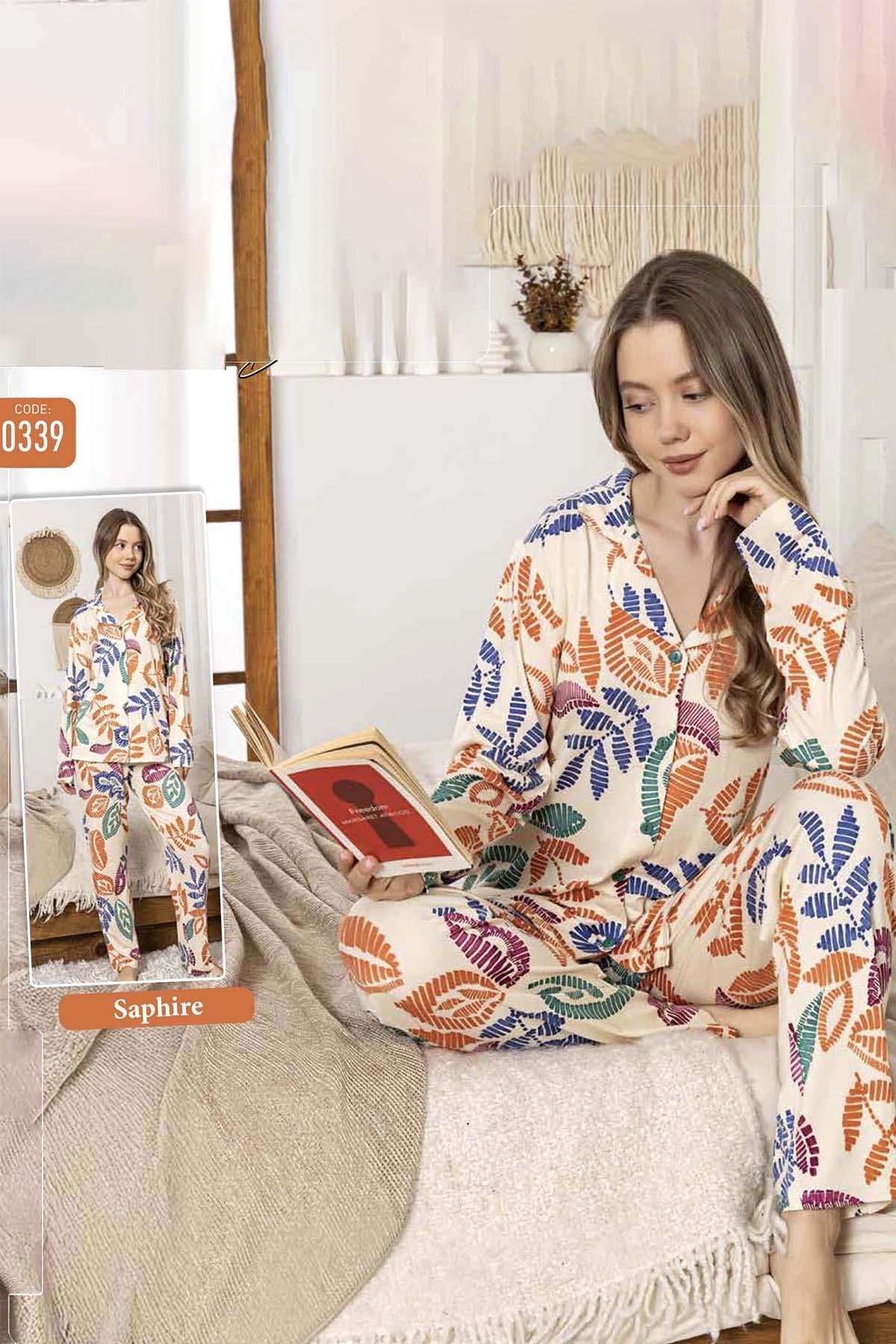 Kadın Yaprak Desen Düğmeli Saphire Pijama Takımı 0339 Sarı