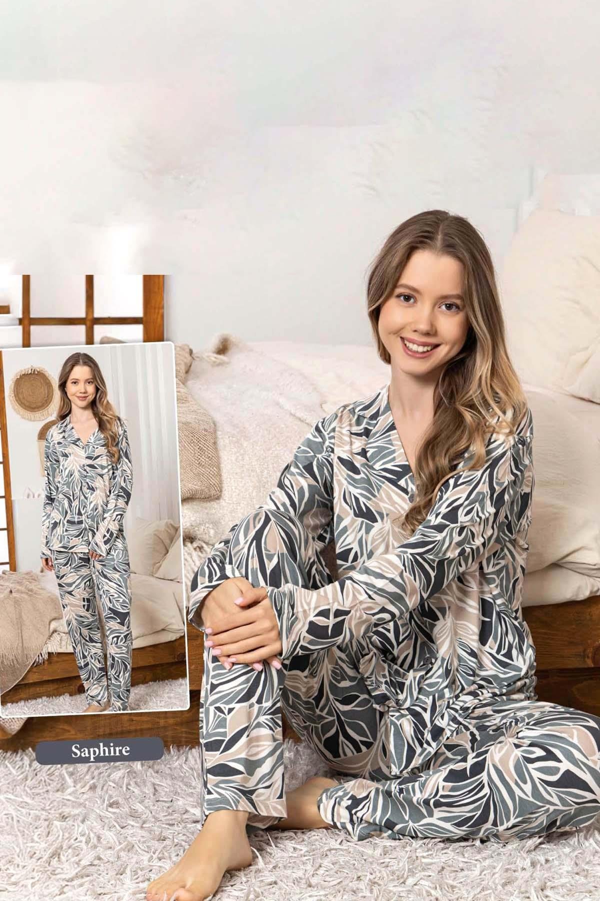 Kadın Yaprak Desen Düğmeli Saphire Pijama Takımı 0377 Gri