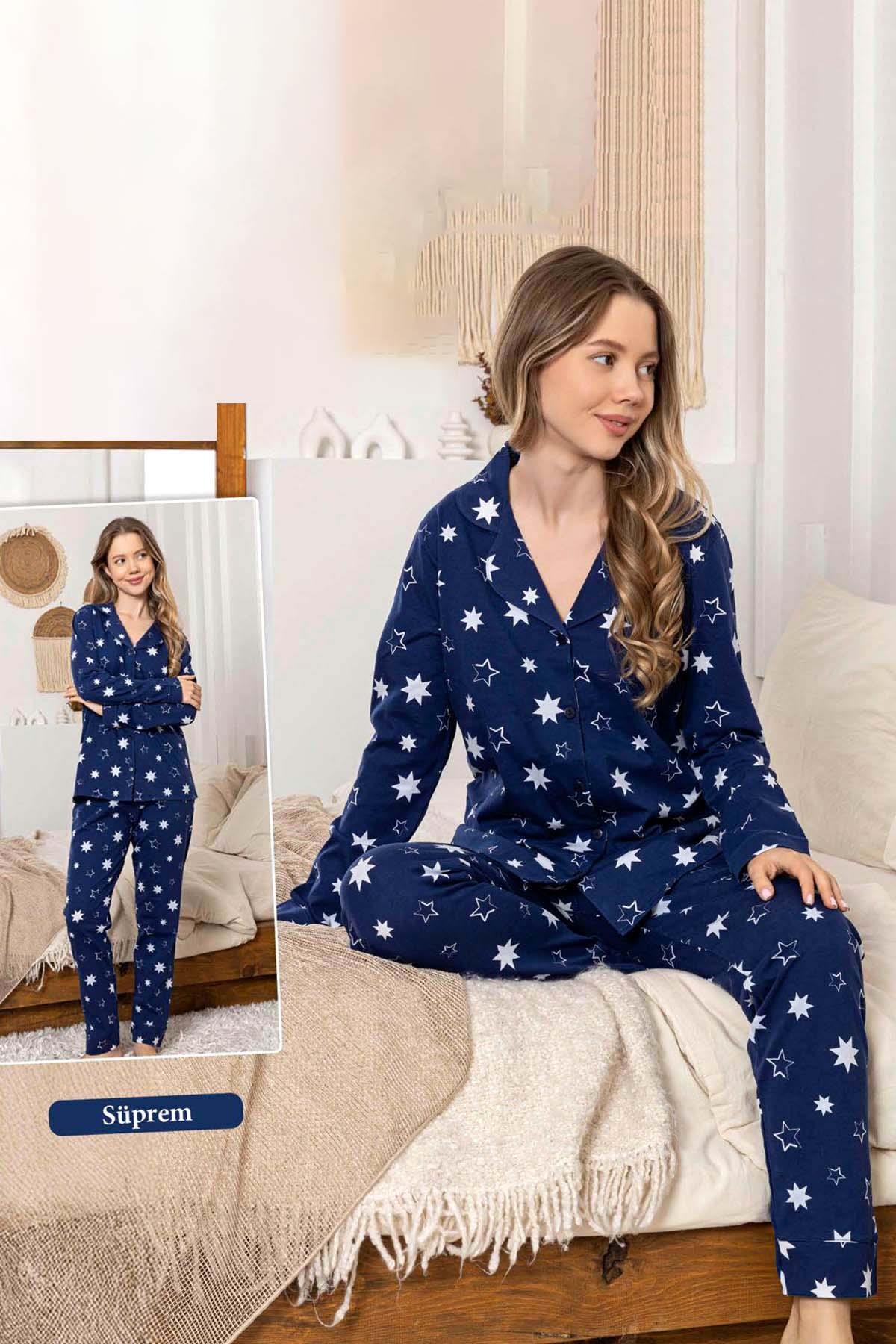 Kadın Yıldız Desen Düğmeli Suprem Pijama Takımı 0383 Lacivert01